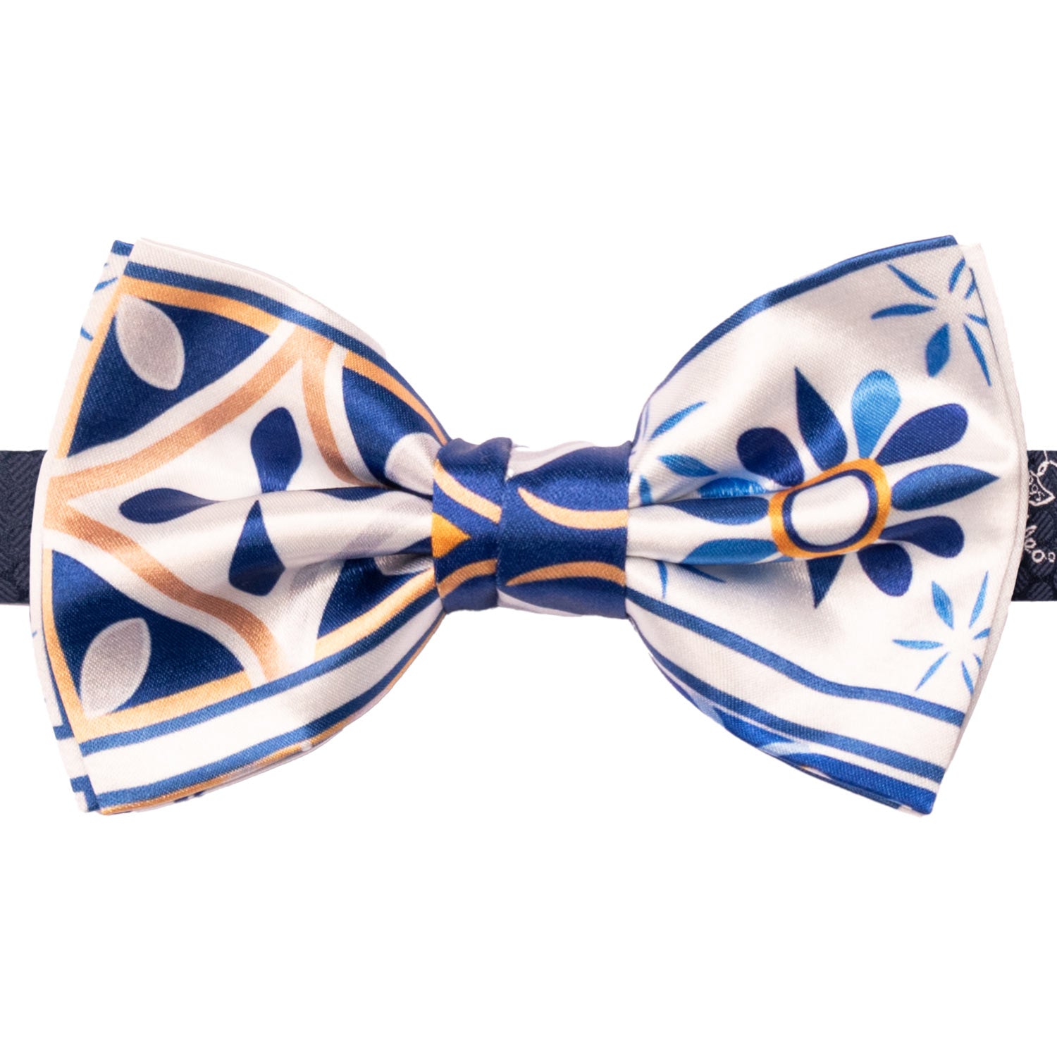 Papillon Annodato Siciliano Stampa di Raso Bianco con Maioliche Giallo Ocra Blu PS244 Made in Italy Graffeo Cravatte
