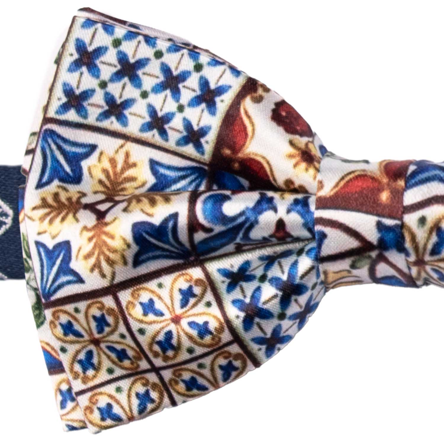 Man Sicilian Printed Satin Pre-Tied Bow Tie Multicolor Majolica PS284 Made in Italy Graffeo Cravatte Dettaglio