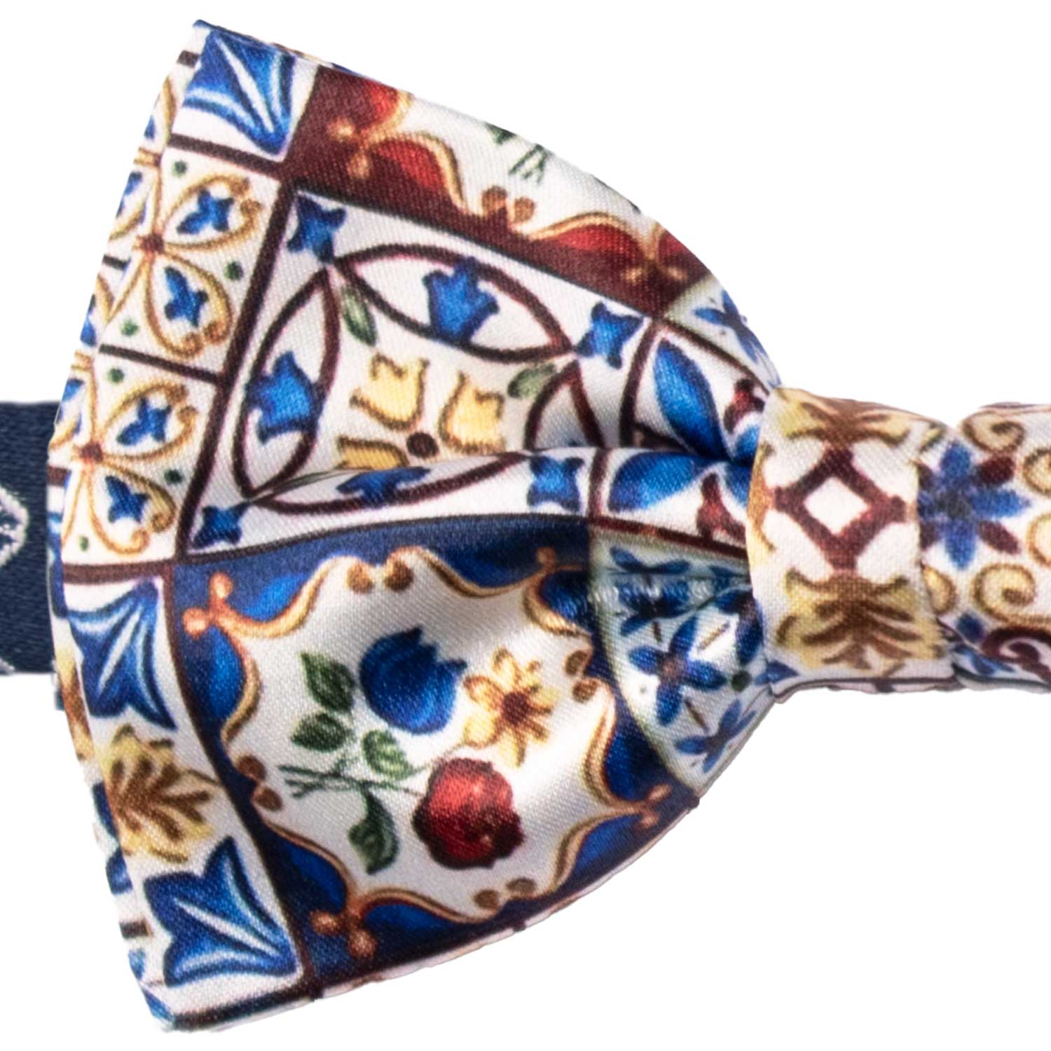 Papillon Annodato Siciliano Stampa di Raso con Maioliche Multicolor PS287 Made in Italy Graffeo Cravatte Dettaglio