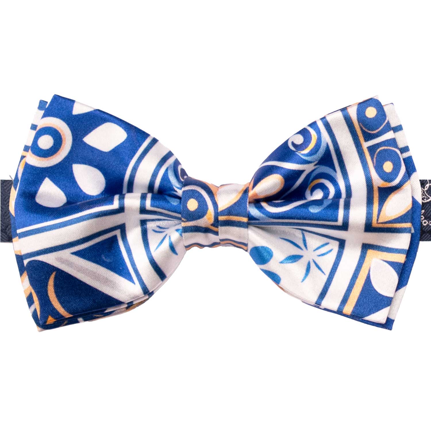 Papillon Annodato Siciliano Stampa di Raso Bianco con Maioliche Giallo Ocra Blu PS303 Made in Italy Graffeo Cravatte