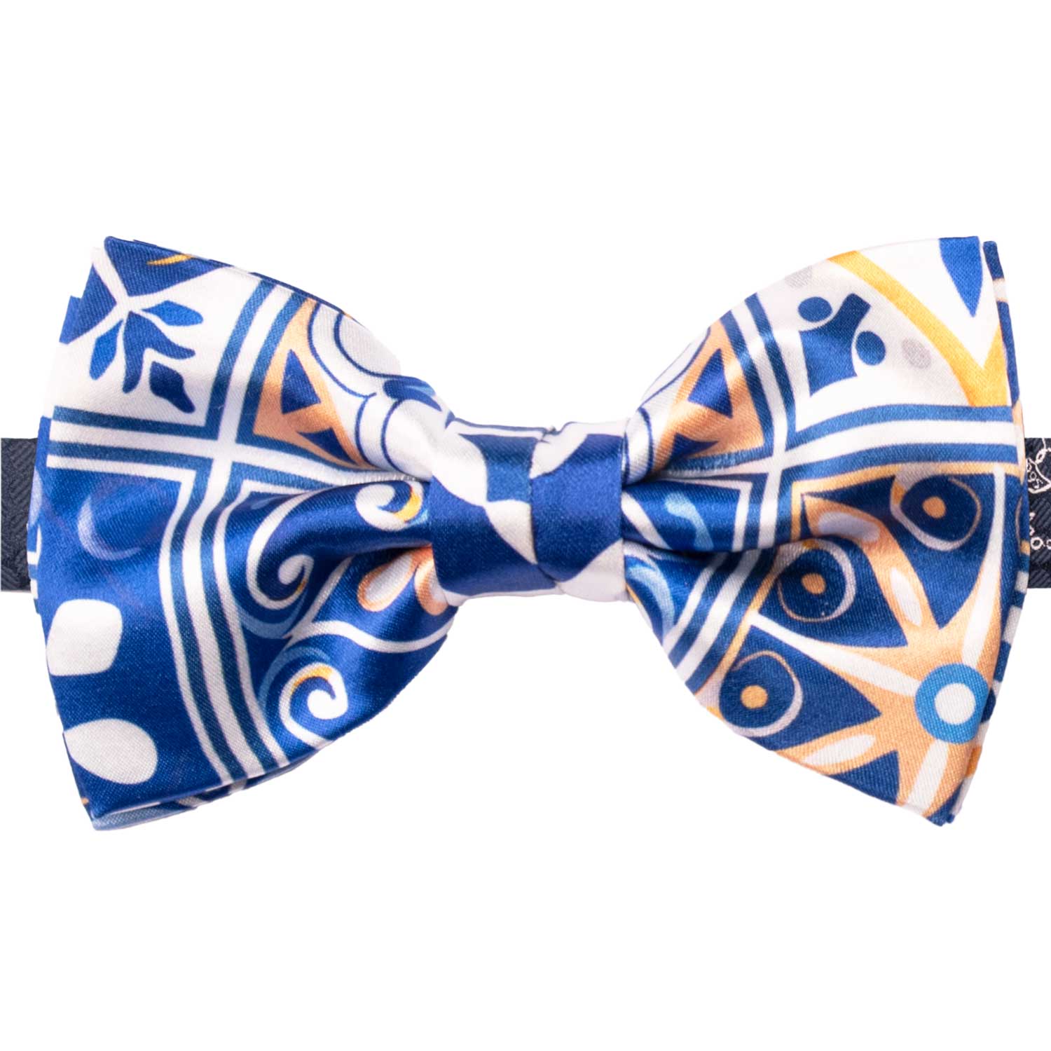 Papillon Annodato Siciliano Stampa di Raso Bianco con Maioliche Giallo Ocra Blu PS304 Made in Italy Graffeo Cravatte