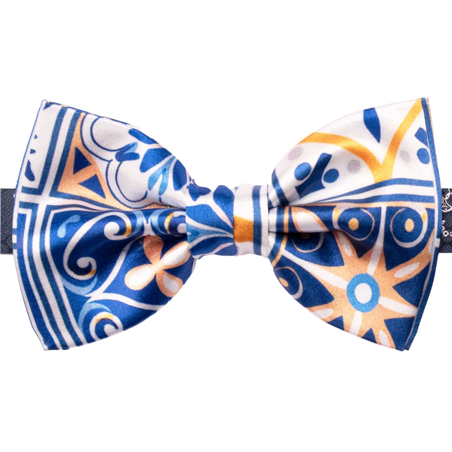 Papillon Annodato Siciliano Stampa di Raso Bianco con Maioliche Giallo Ocra Blu PS305 Made in Italy Graffeo Cravatte
