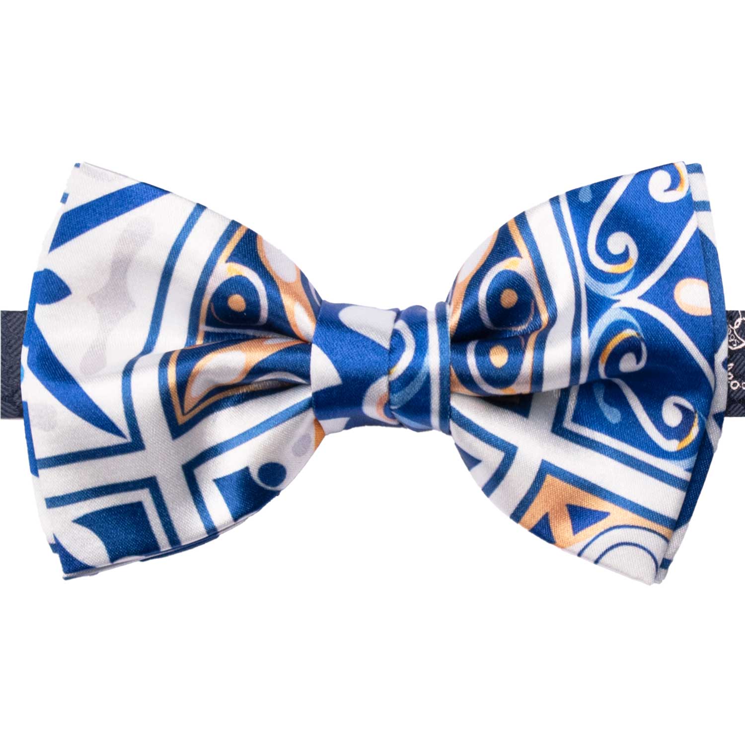 Papillon Annodato Siciliano Stampa di Raso Bianco con Maioliche Giallo Ocra Blu PS310 Made in Italy Graffeo Cravatte