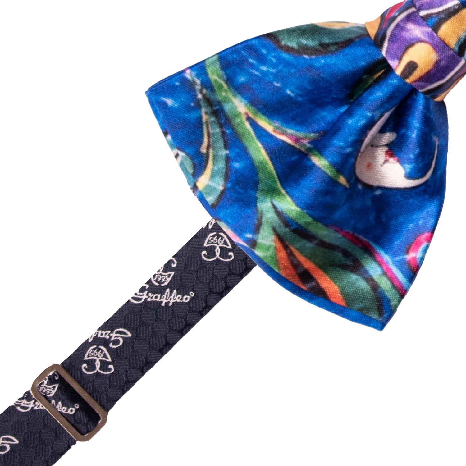 Papillon Annodato Siciliano Stampa di Raso Bluette Fantasia Multicolor PS266 Made in Italy Graffeo Cravatte Pre-Tied
