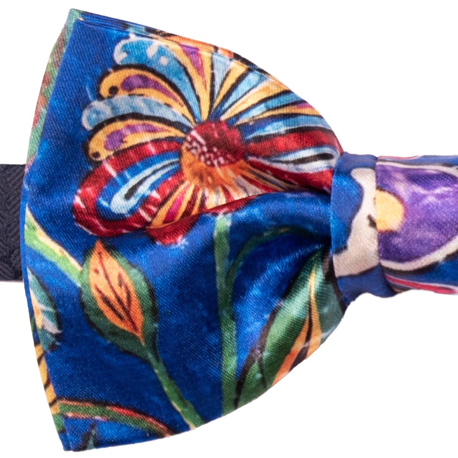 Papillon Annodato Siciliano Stampa di Raso Bluette Fantasia Multicolor PS269 Made in Italy Graffeo Cravatte Dettaglio