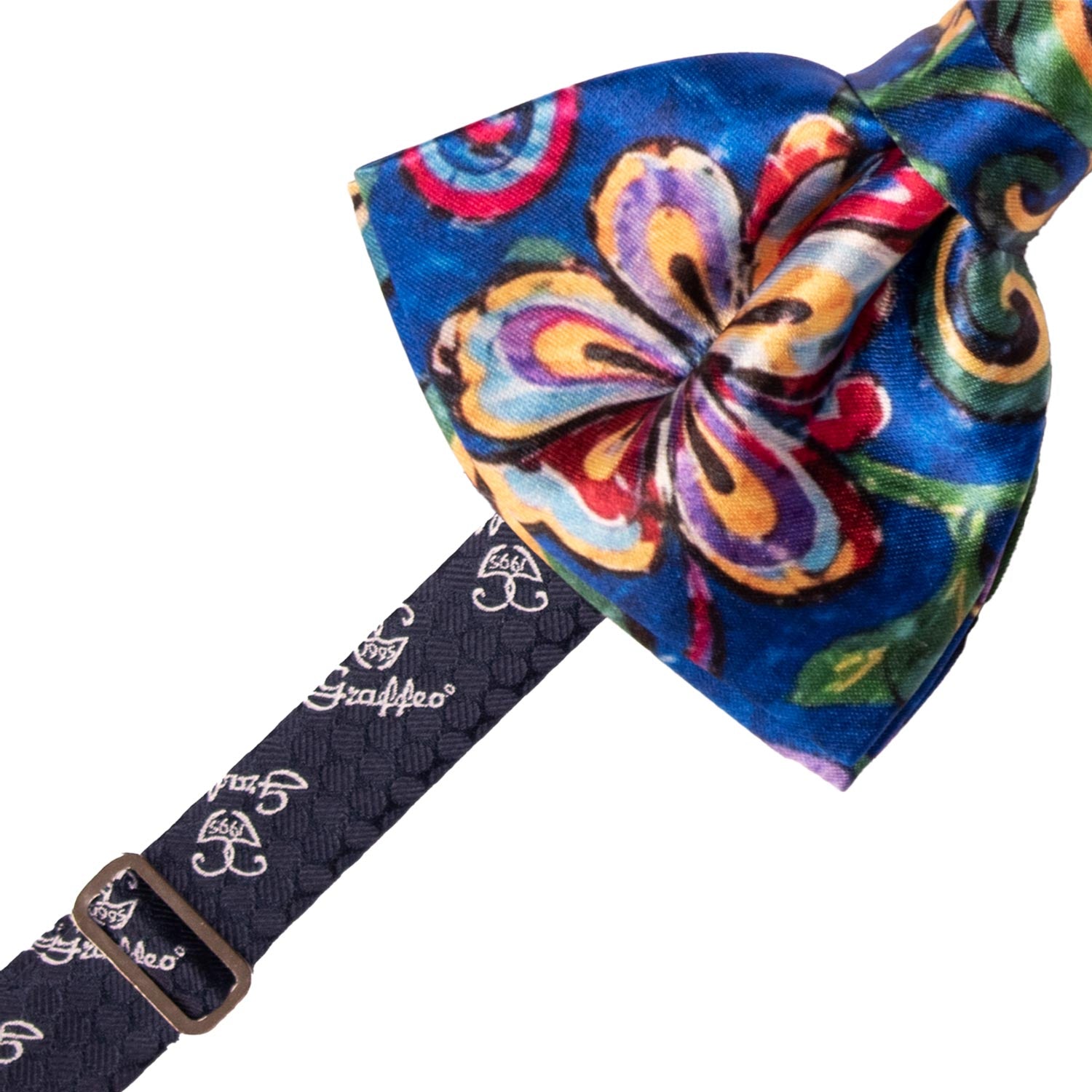 Papillon Annodato Siciliano Stampa di Raso Bluette Fantasia Multicolor PS271 Made in Italy Graffeo Cravatte Pre-Tied