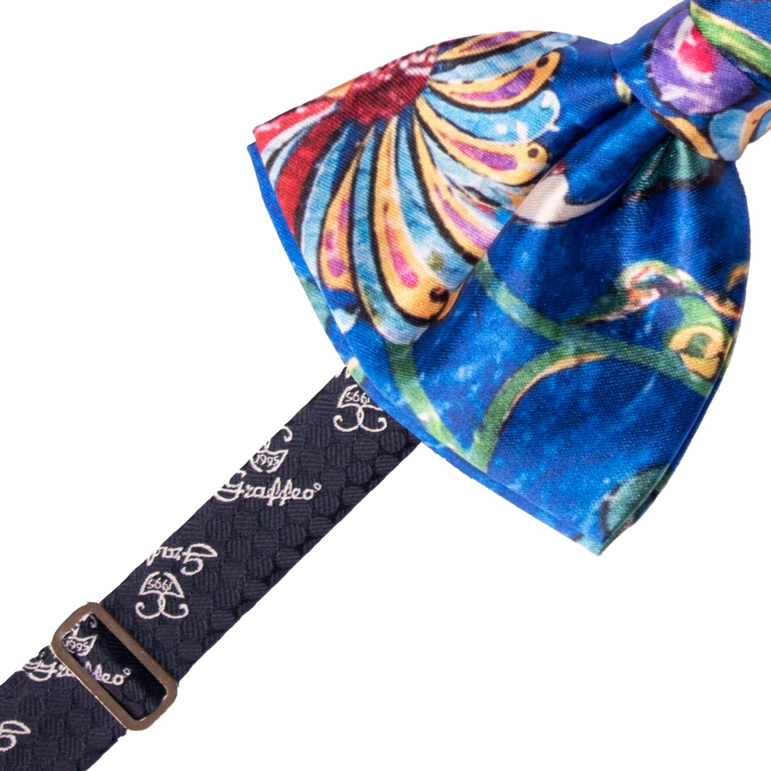 Papillon Annodato Siciliano Stampa di Raso Bluette Fantasia Multicolor PS272 Made in Italy Graffeo Cravatte Pre-Tied