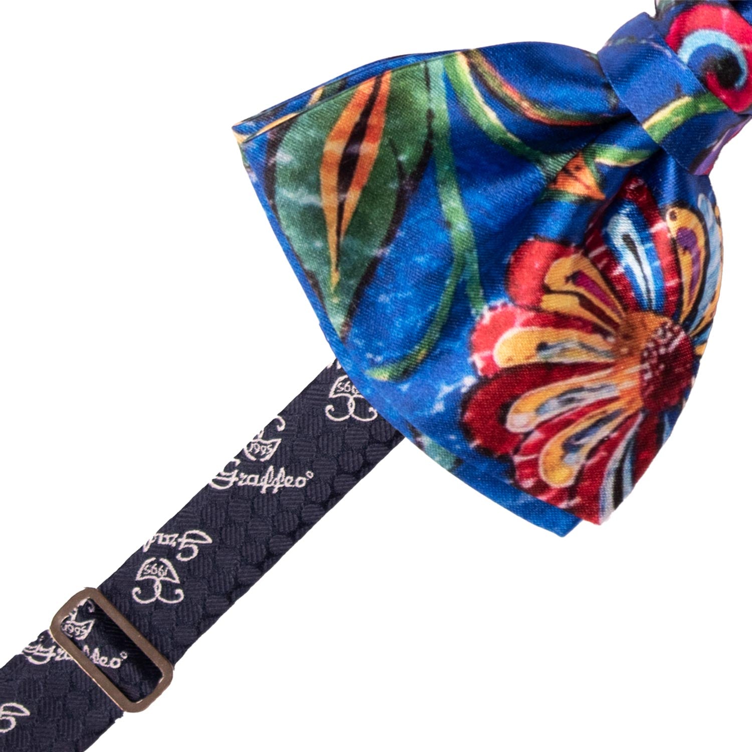 Papillon Annodato Siciliano Stampa di Raso Bluette Fantasia Multicolor PS274 Made in Italy Graffeo Cravatte Pre-Tied