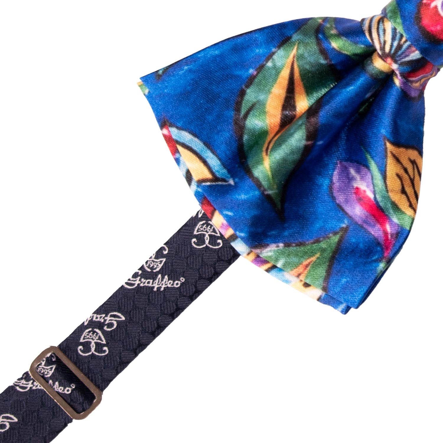 Papillon Annodato Siciliano Stampa di Raso Bluette Fantasia Multicolor PS275 Made in Italy Graffeo Cravatte Pre-Tied