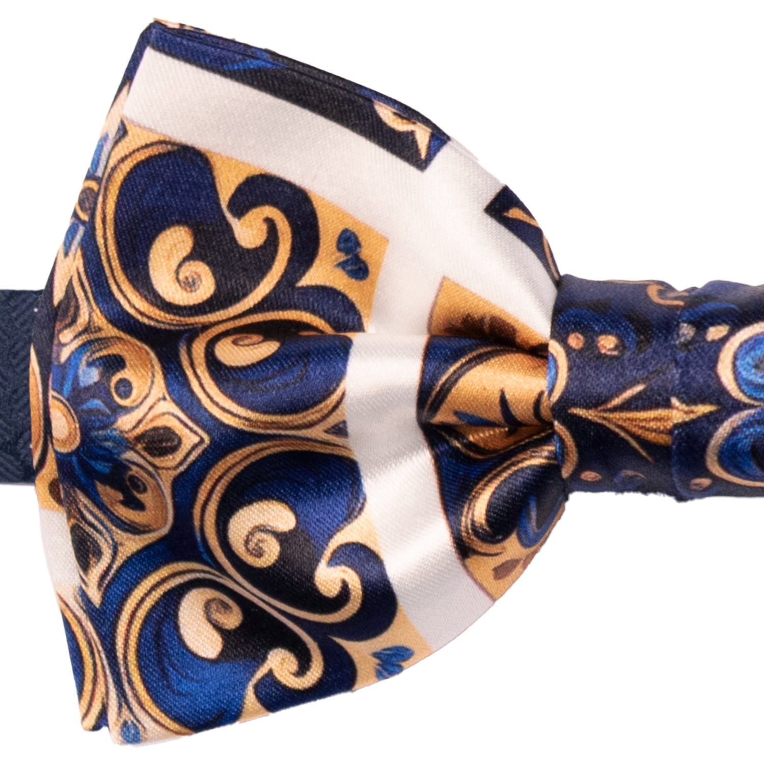 Papillon Annodato Siciliano Stampa di Raso con Maioliche Giallo Oro Blu Bluette PS241 Made in Italy Graffeo Cravatte Dettaglio