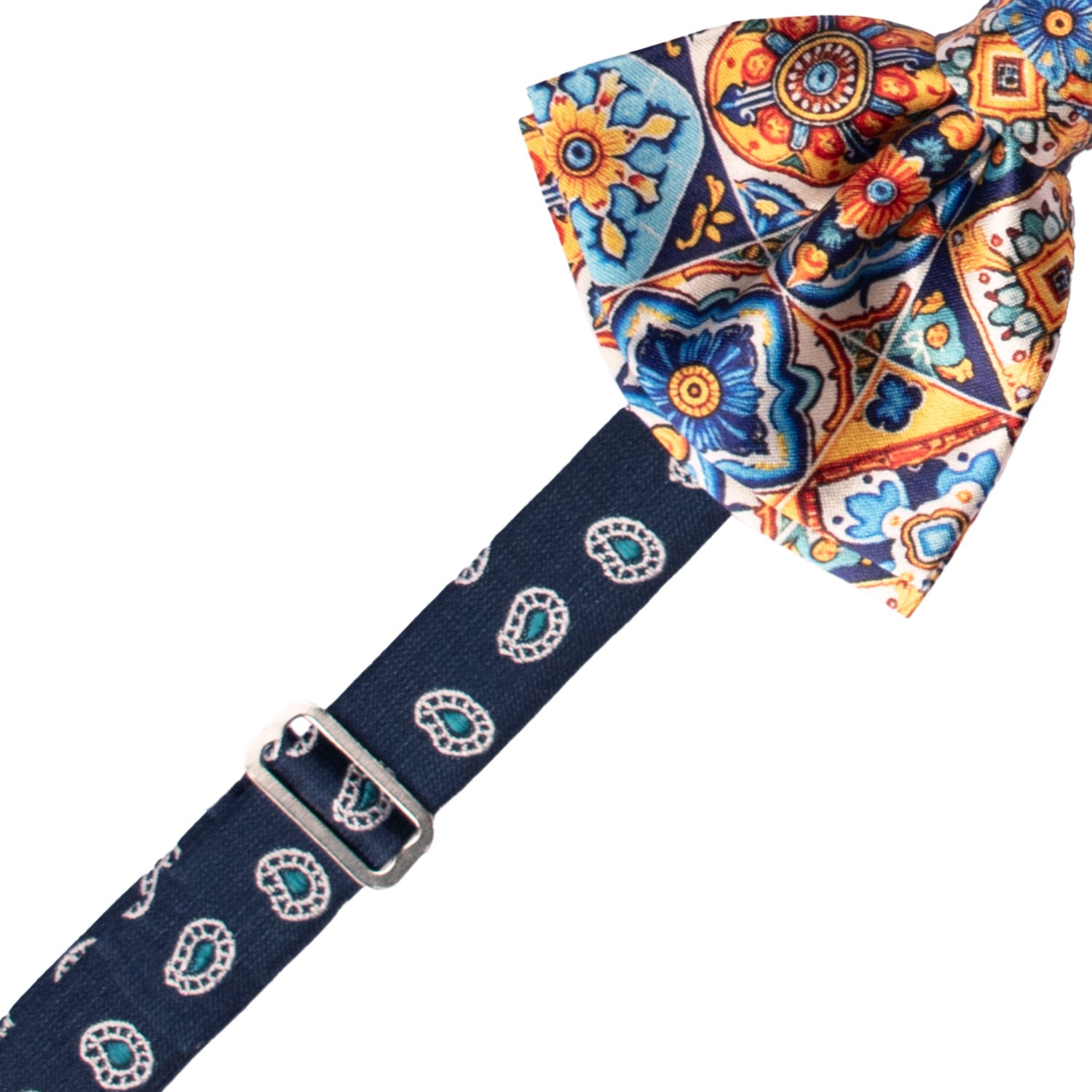 Papillon Annodato Siciliano Stampa di Raso con Maioliche Multicolor PS173 Graffeo Cravatte Made in Italy Pre-Tied