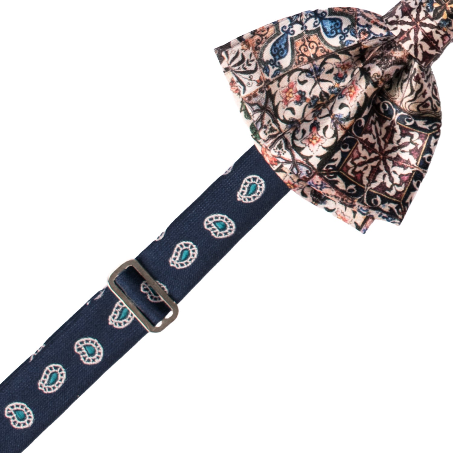 Papillon Annodato Siciliano Stampa di Raso con Maioliche Multicolor PS175 Graffeo Cravatte Made in Italy Pre-Tied