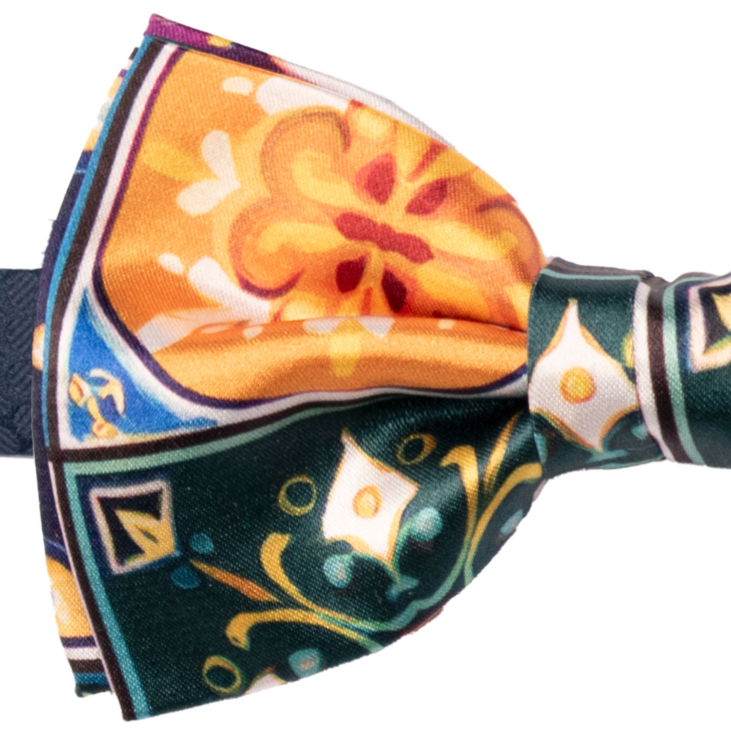 Papillon Annodato Siciliano Stampa di Raso con Maioliche Multicolor PS254 Made in Italy Graffeo Cravatte Dettaglio