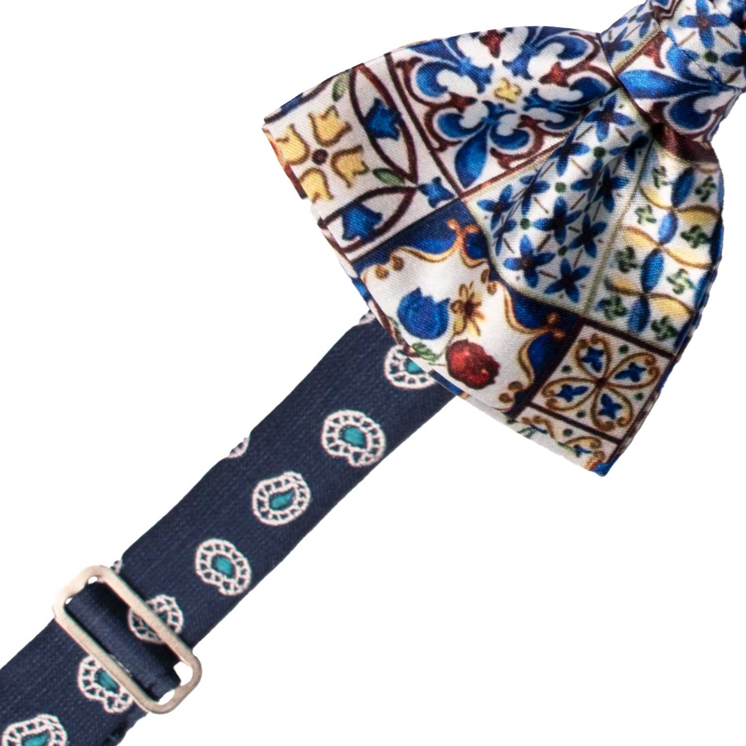 Papillon Annodato Siciliano Stampa di Raso con Maioliche Multicolor PS284 Made in Italy Graffeo Cravatte Pre-Tied