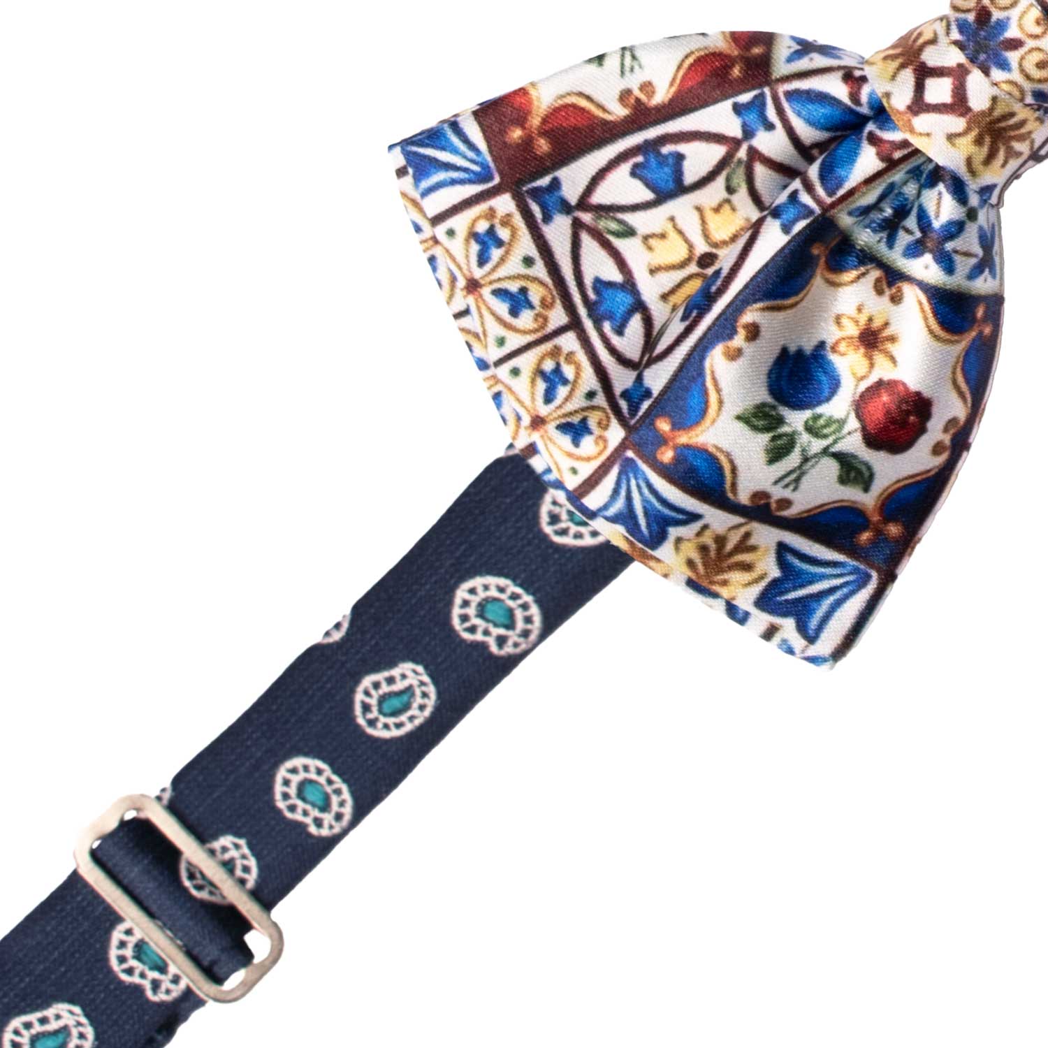 Papillon Annodato Siciliano Stampa di Raso con Maioliche Multicolor PS287 Made in Italy Graffeo Cravatte Pre-Tied