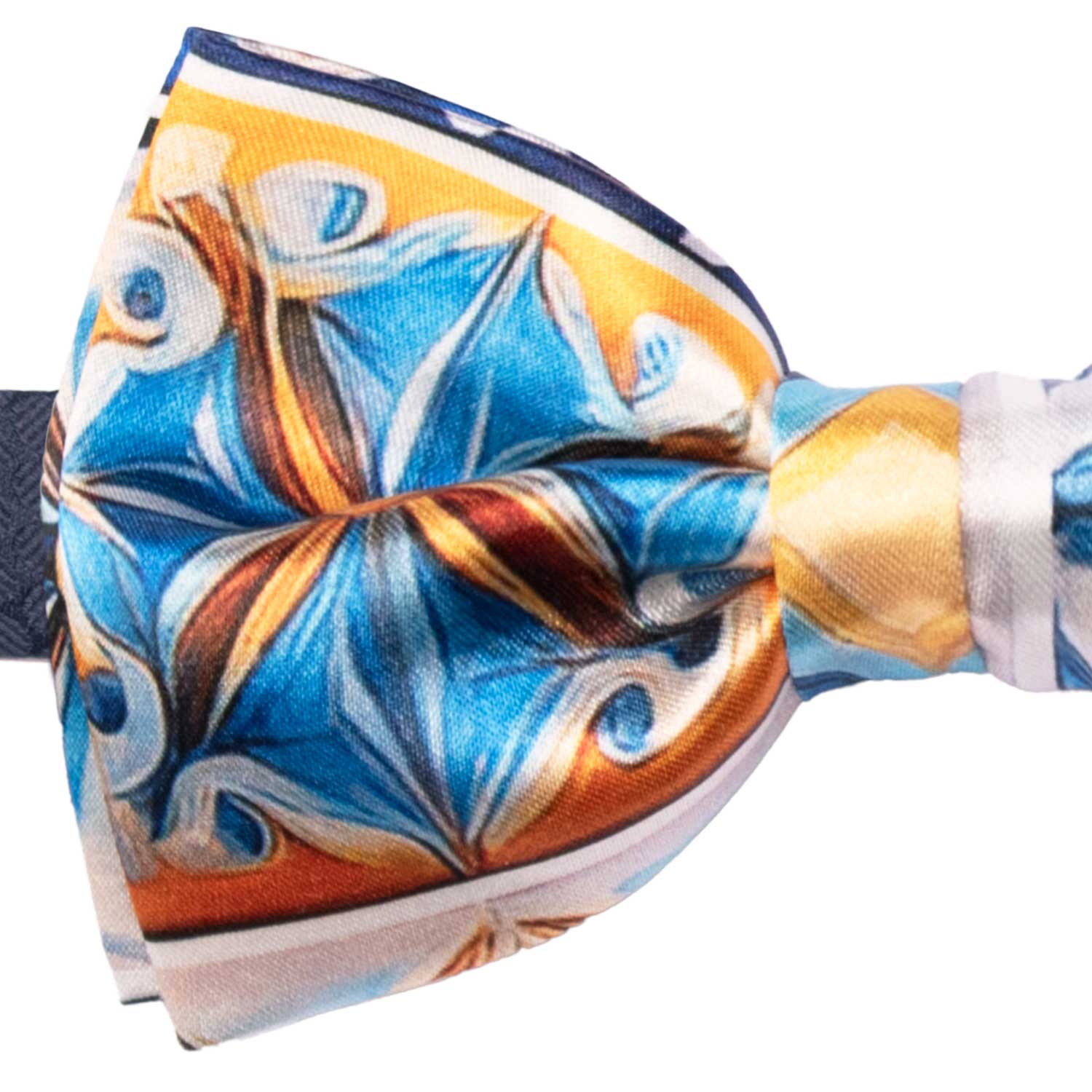 Papillon Annodato Siciliano Stampa di Raso con Maioliche Multicolor PS301 Made in Italy Graffeo Cravatte Dettaglio