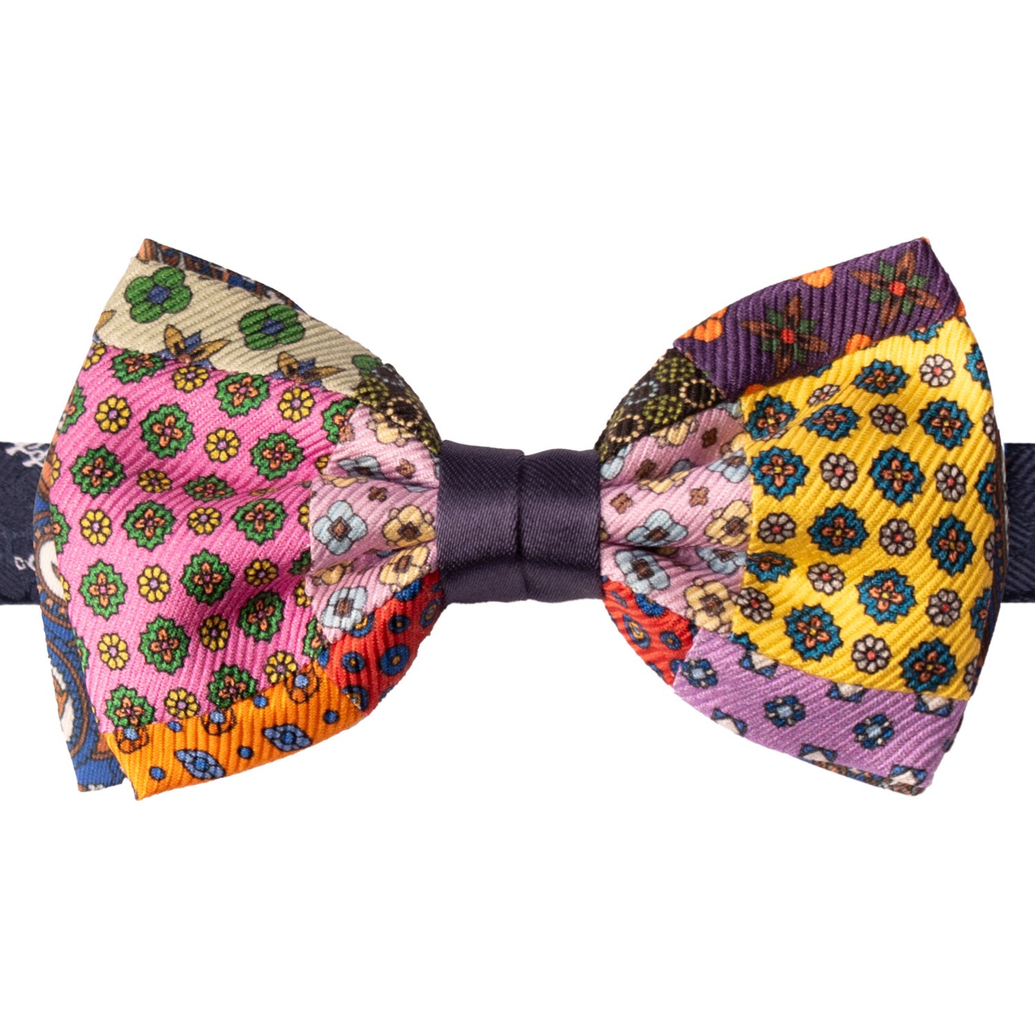 Papillon Annodato Vintage Patchwork Stampa di Seta Fantasia Multicolor PATCH1157 Graffeo Cravatte Made in Italy