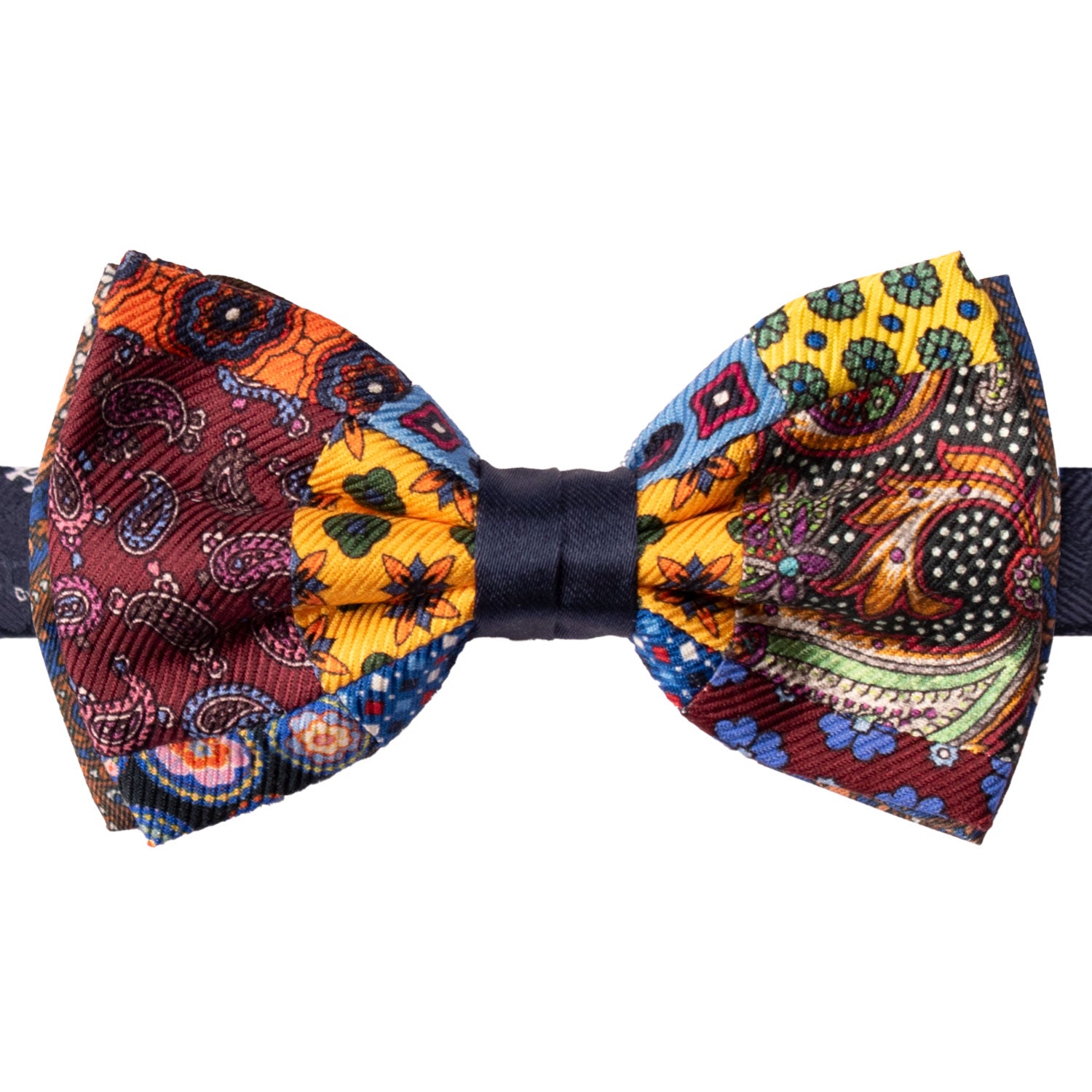 Papillon Annodato Vintage Patchwork Stampa di Seta Fantasia Multicolor PATCH1176 Made in Italy Graffeo Cravatte