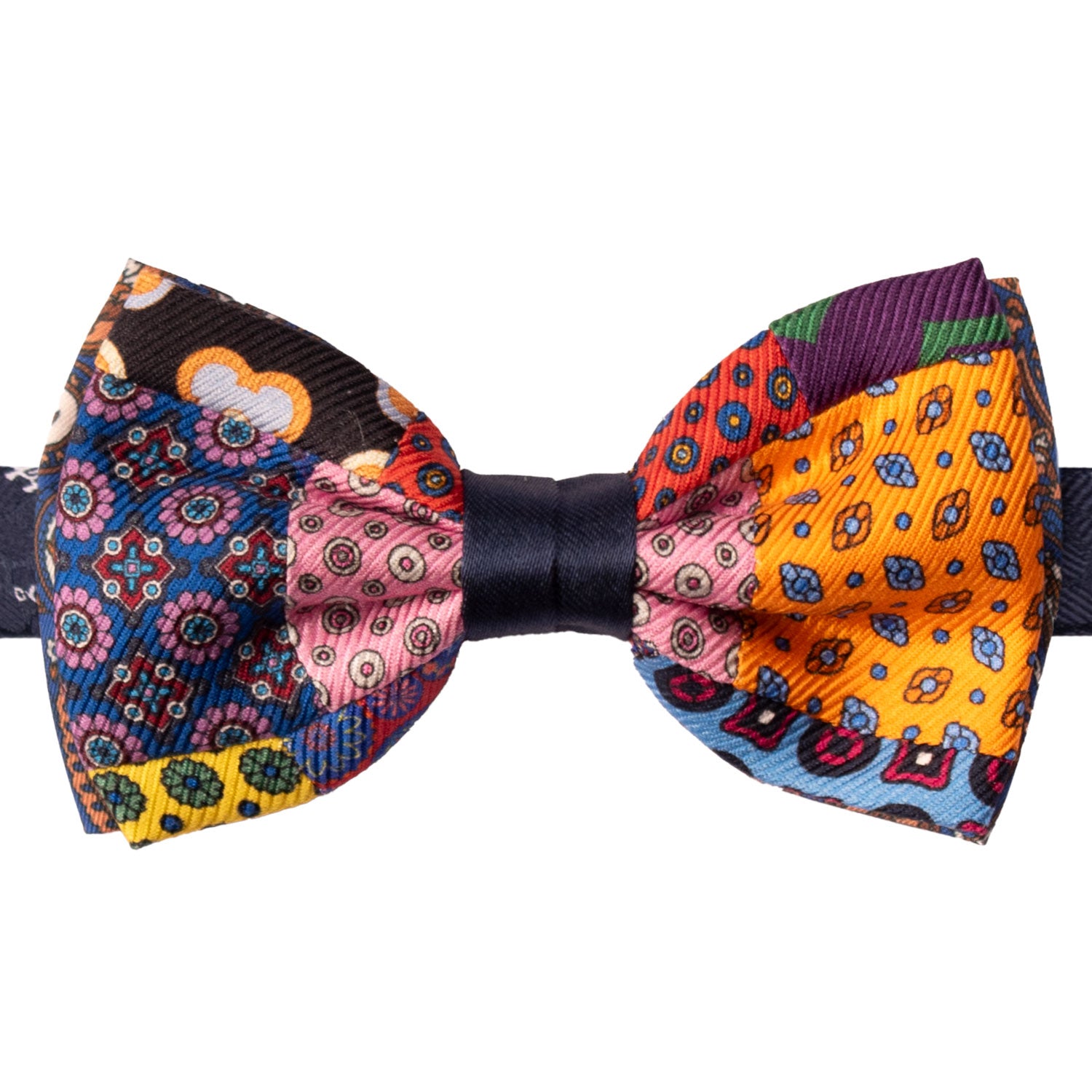 Papillon Annodato Vintage Patchwork Stampa di Seta Fantasia Multicolor PATCH1179 Made in Italy Graffeo Cravatte