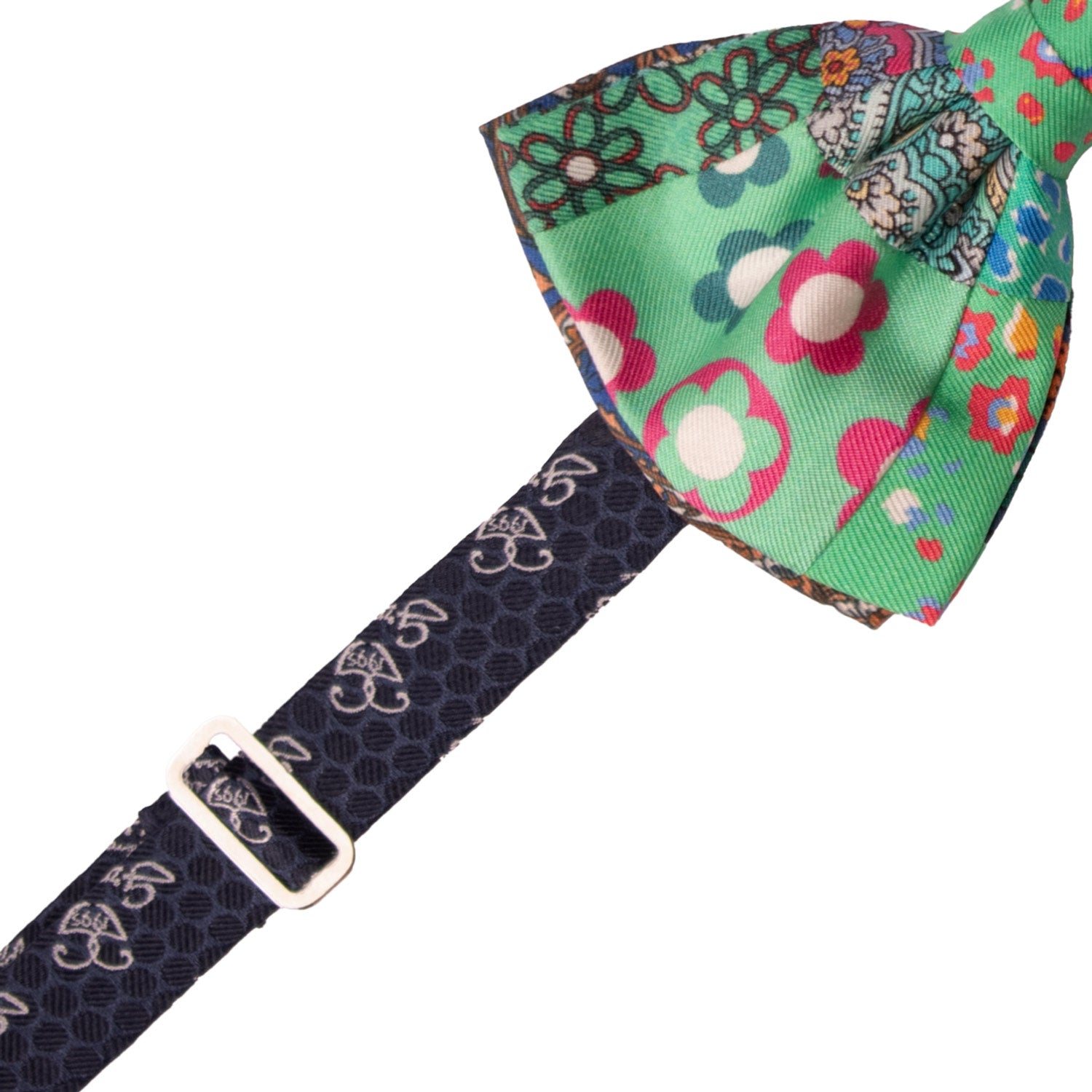 Papillon Annodato Vintage Patchwork Stampa di Seta Verde Fantasia Multicolor PATCH1099 Made in Italy Graffeo Cravatte Pre-Tied