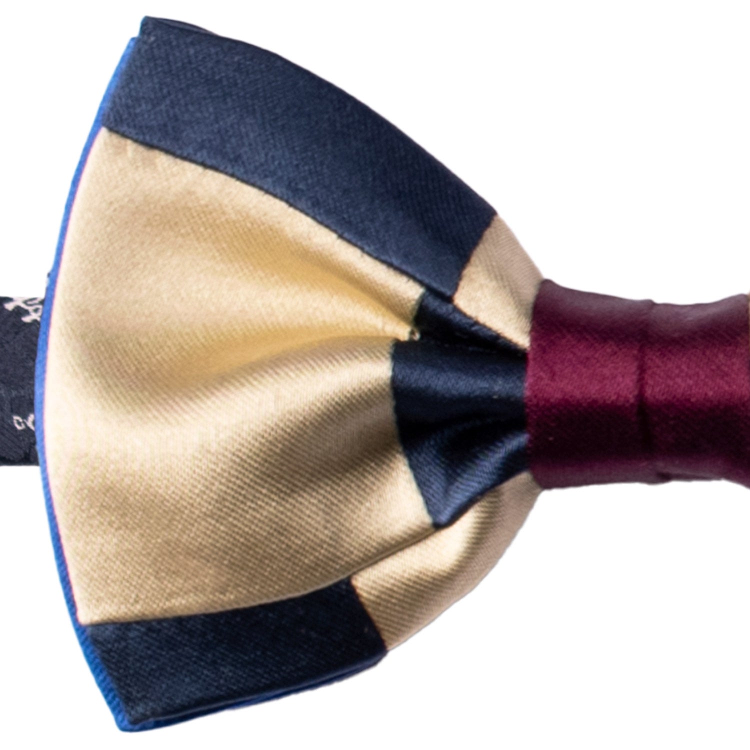 Papillon Annodato Vintage Patchwork Stampa di Seta Blu Notte Champagne Bordeaux Fantasia Multicolor PATCH1150 Made in Italy Graffeo Cravatte Dettaglio