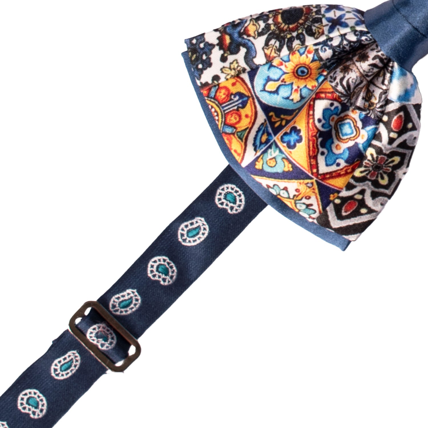 Papillon Siciliano Annodato Vintage Patchwork di Raso con Maioliche Multicolor PATCH1187 Made in Italy Graffeo Cravatte Pre-Tied