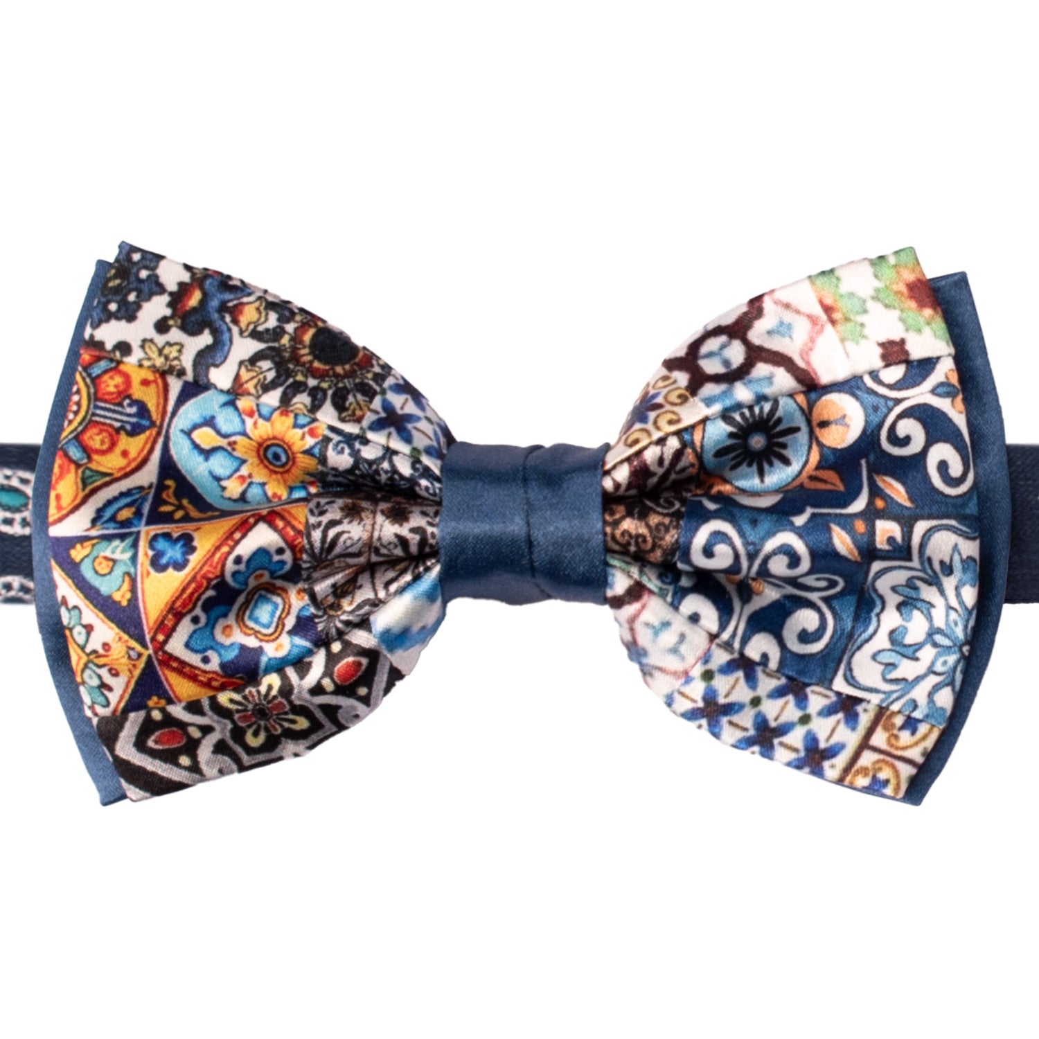 Papillon Siciliano Annodato Vintage Patchwork di Raso con Maioliche Multicolor PATCH1187 Made in Italy Graffeo Cravatte