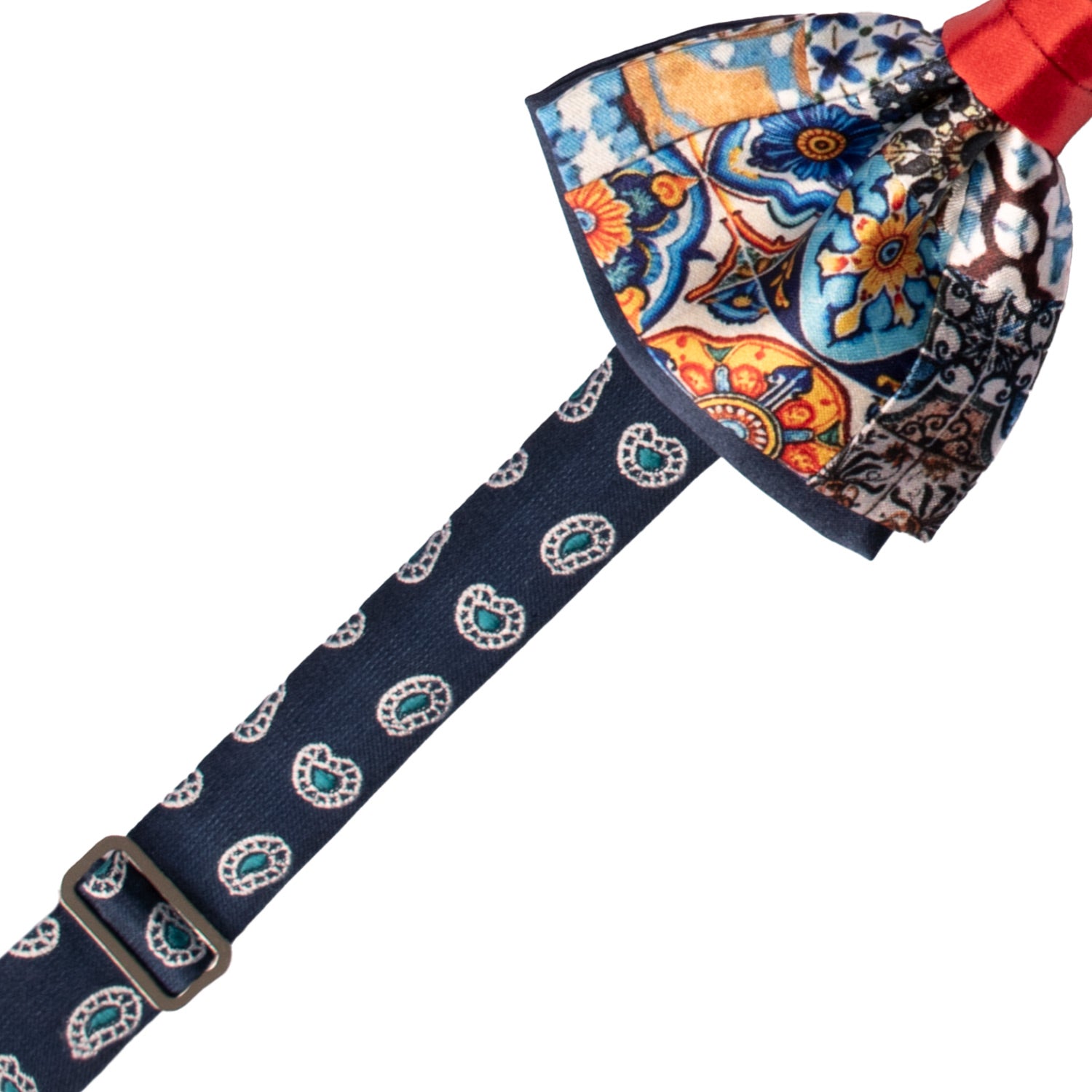 Papillon Siciliano Annodato Vintage Patchwork di Raso con Maioliche Multicolor PATCH1188 Made in Italy Graffeo Cravatte Pre-Tied