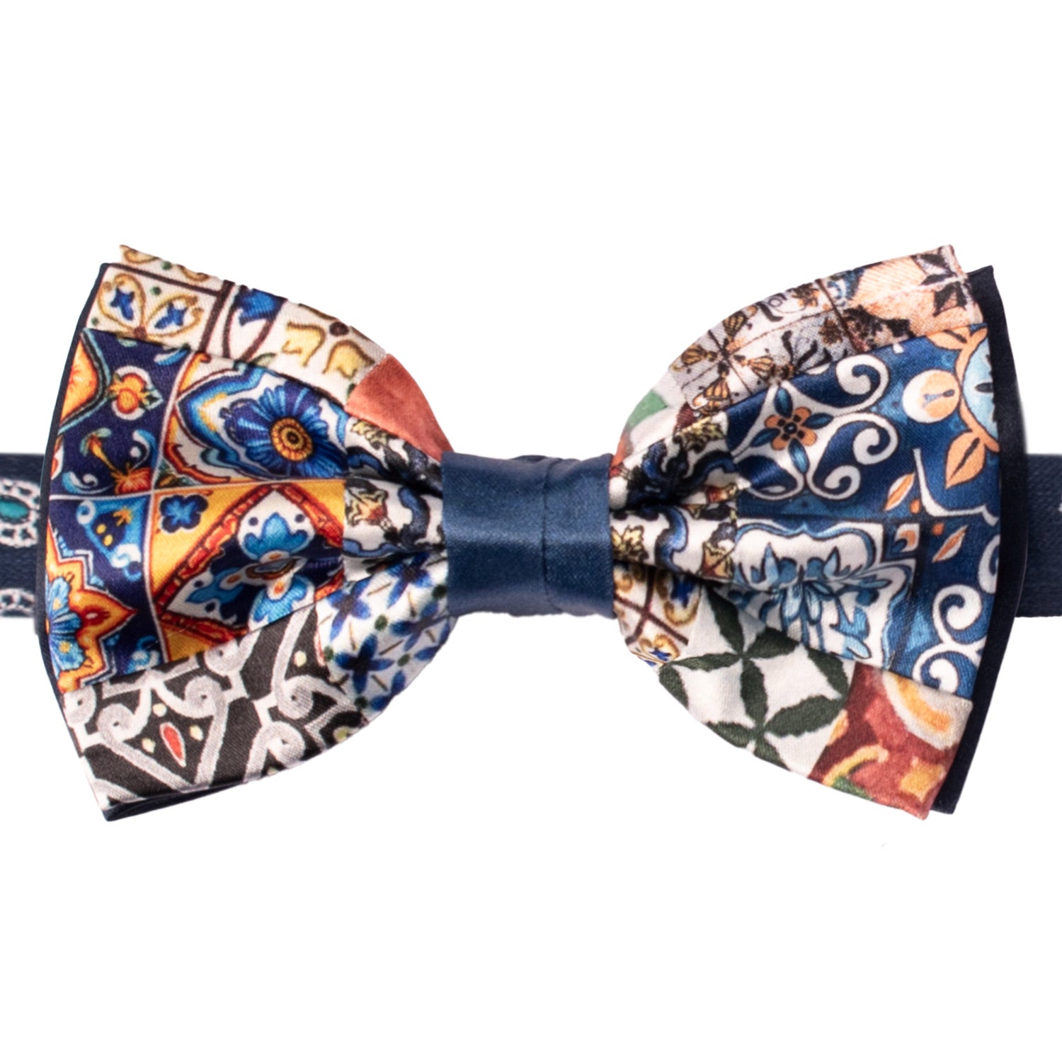 Papillon Siciliano Annodato Vintage Patchwork di Raso con Maioliche Multicolor PATCH1191 Made in Italy Graffeo Cravatte