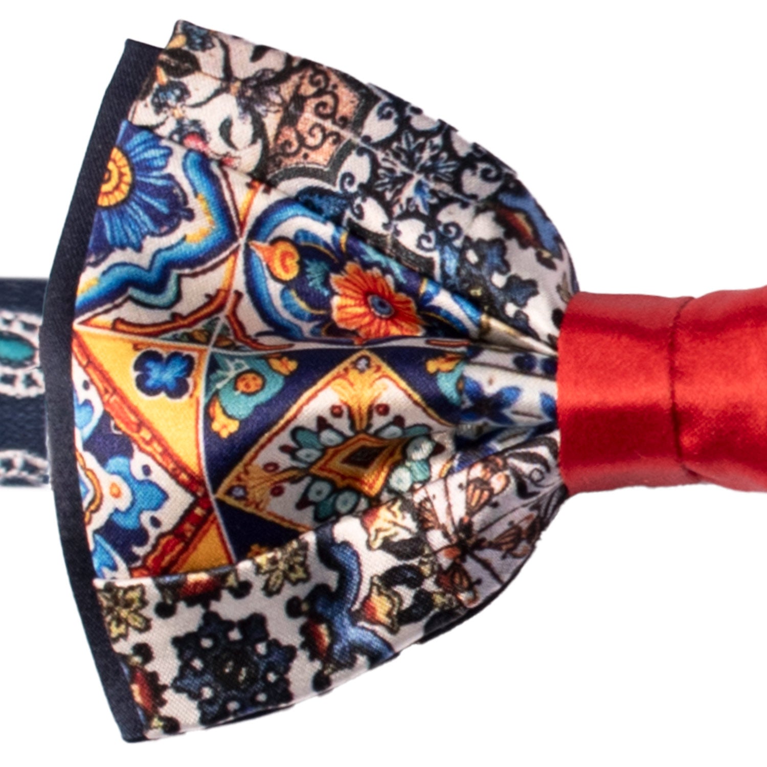 Papillon Siciliano Annodato Vintage Patchwork di Raso con Maioliche Multicolor PATCH1192 Made in Italy Graffeo Cravatte Dettaglio