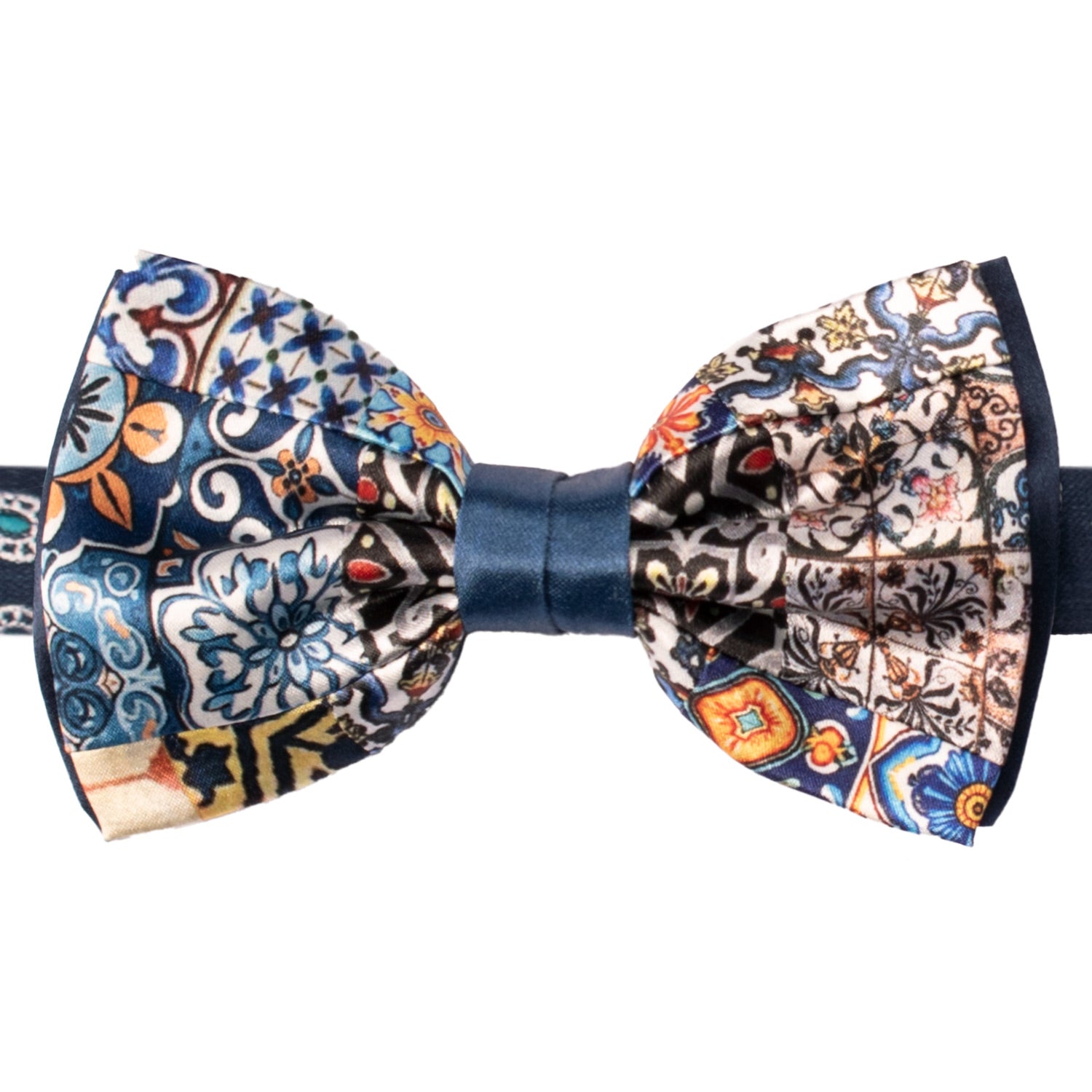 Papillon Siciliano Annodato Vintage Patchwork di Raso con Maioliche Multicolor PATCH1193 Made in Italy Graffeo Cravatte