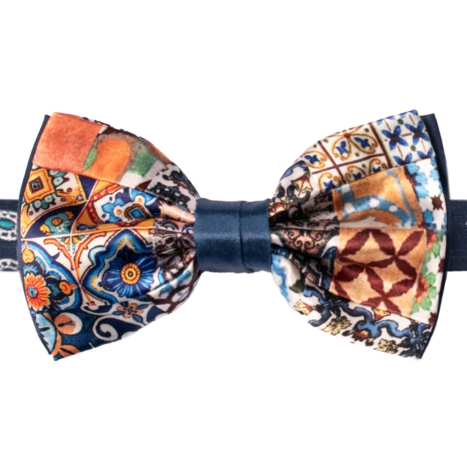 Papillon Siciliano Annodato Vintage Patchwork di Raso con Maioliche Multicolor PATCH1195 Made in Italy Graffeo Cravatte