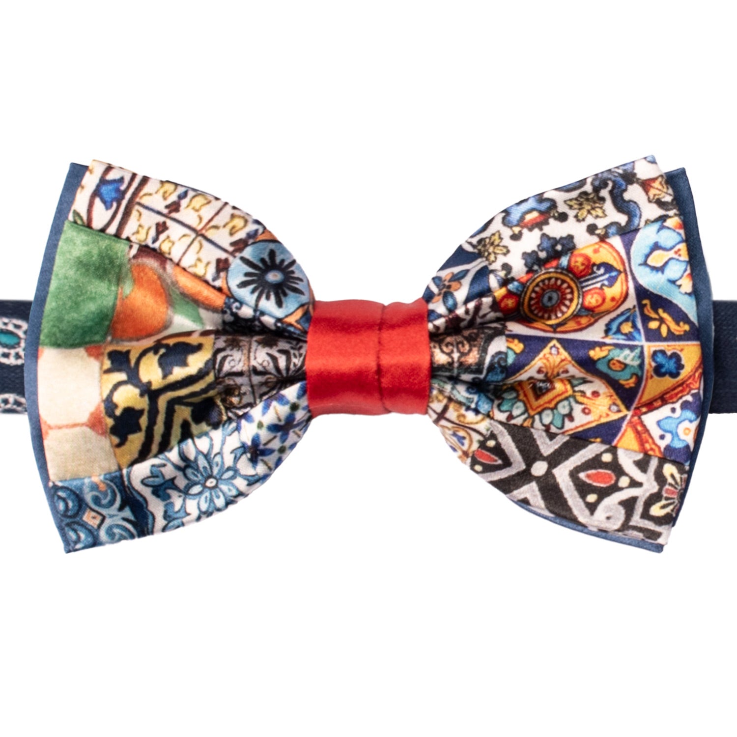 Papillon Siciliano Annodato Vintage Patchwork di Raso con Maioliche Multicolor PATCH1196 Made in Italy Graffeo Cravatte
