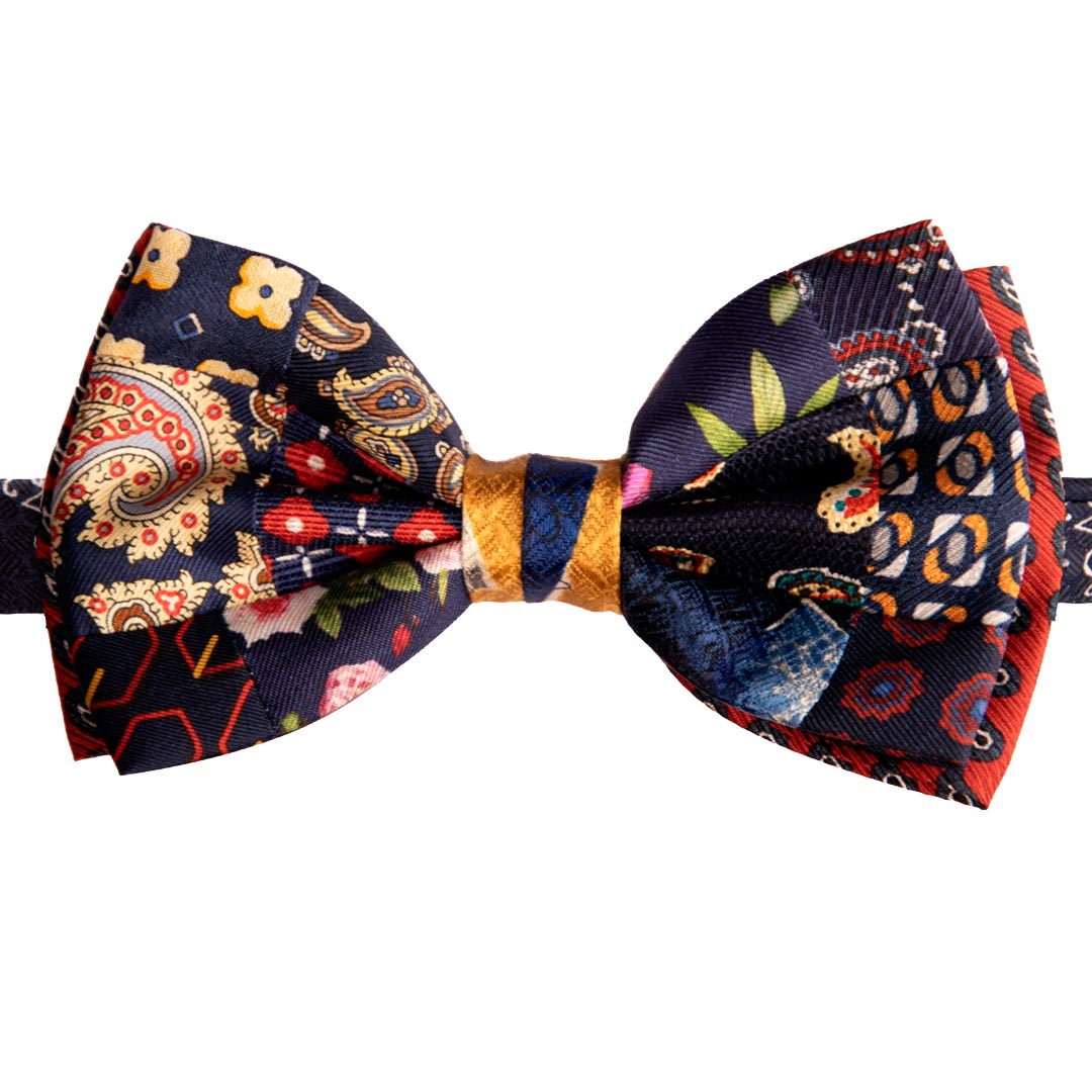 Papillon Uomo Patchwork Stampa di Seta Blu Fantasia Multicolor MAde in Italy Graffeo Cravatte