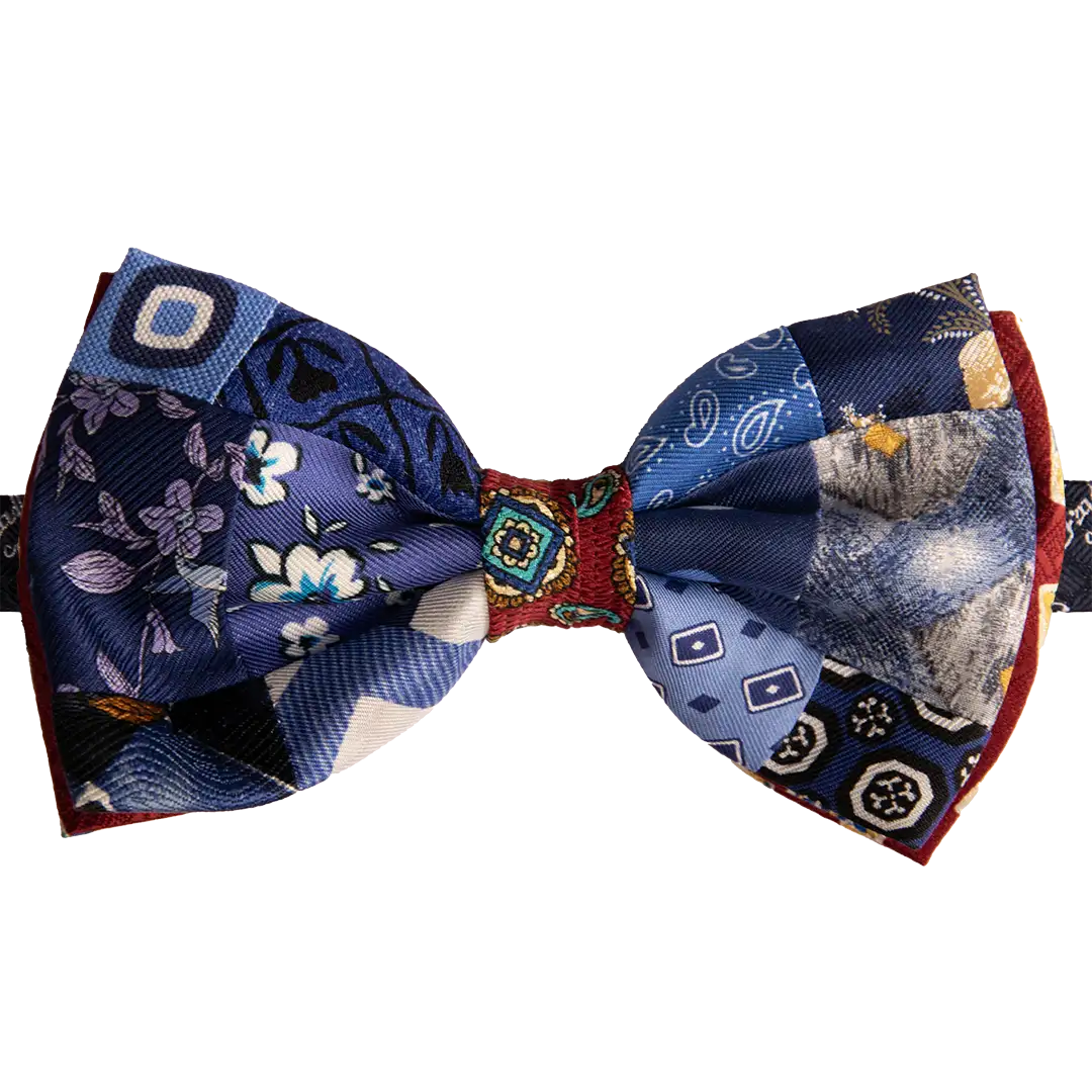 Papillon Uomo Patchwork Stampa di Seta Bluette Fantasia Multicolor Made in Italy Graffeo Cravatte