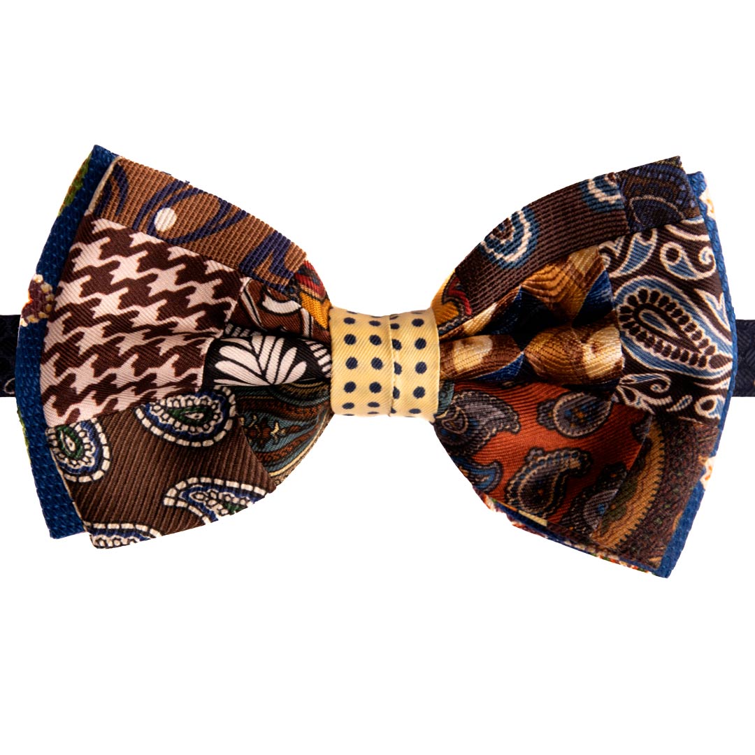 Papillon Uomo Patchwork Stampa di Seta Marrone Fantasia Multicolor Made in Italy Graffeo Cravatte