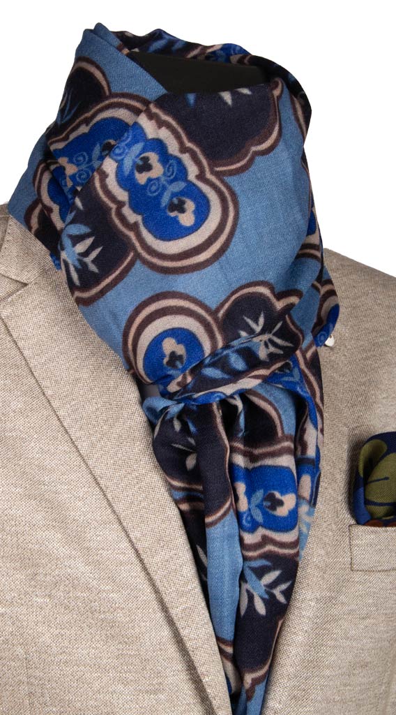 Sciarpa Pashmina di Cashmere Celeste Fantasia Blu Marrone Bianco Bluette Made in Italy Graffeo Cravatte