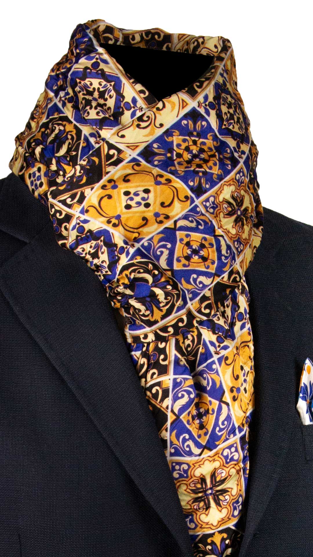 Sciarpa Siciliana Leggera di Seta Délavé con Maioliche Giallo Oro Bluette SD6 Made in Italy Graffeo Cravatte
