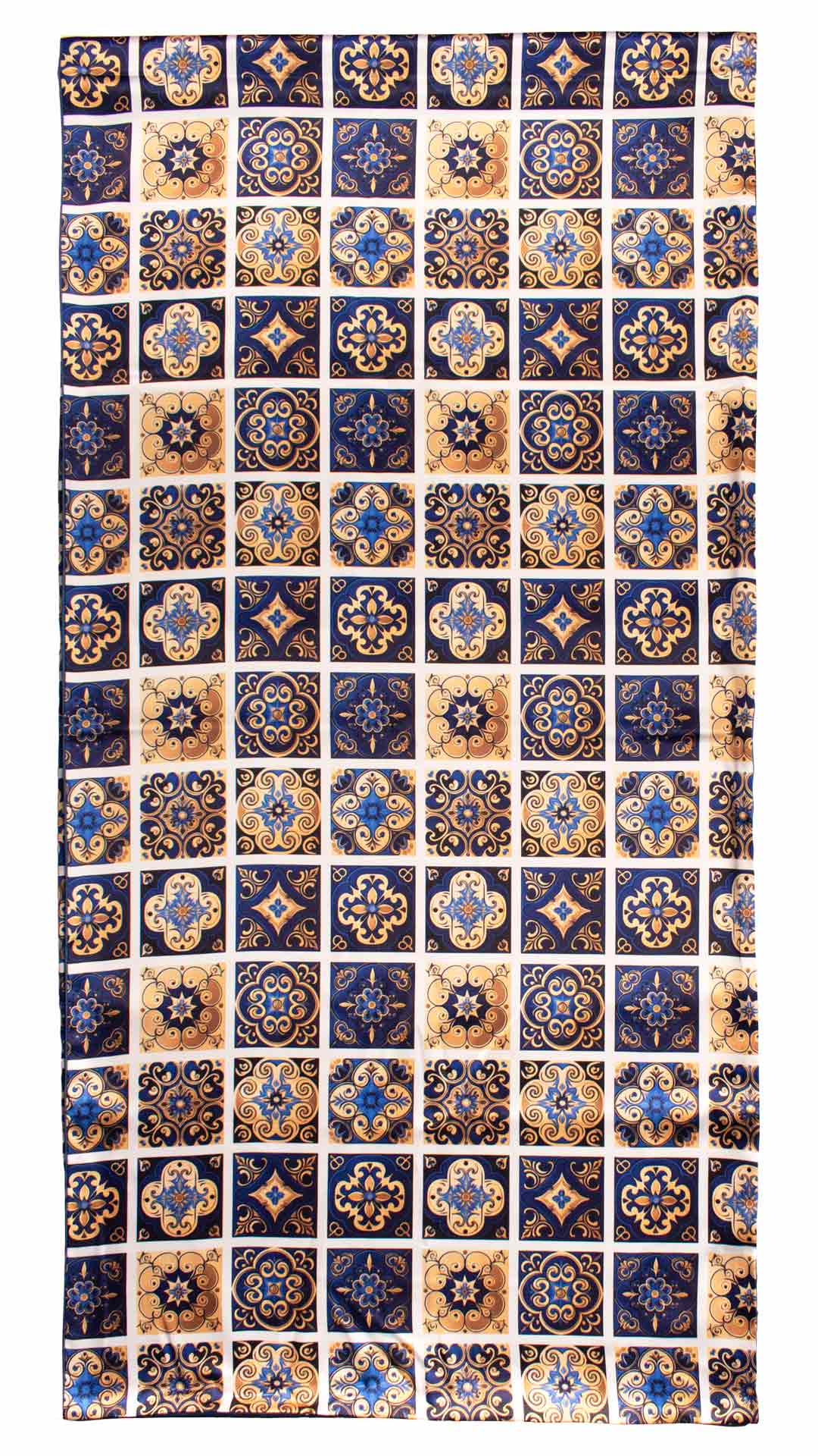 Sciarpa Siciliana Stampa di Raso con Maioliche Giallo Oro Blu Bluette S12 Made in Italy Graffeo Cravatte Intera