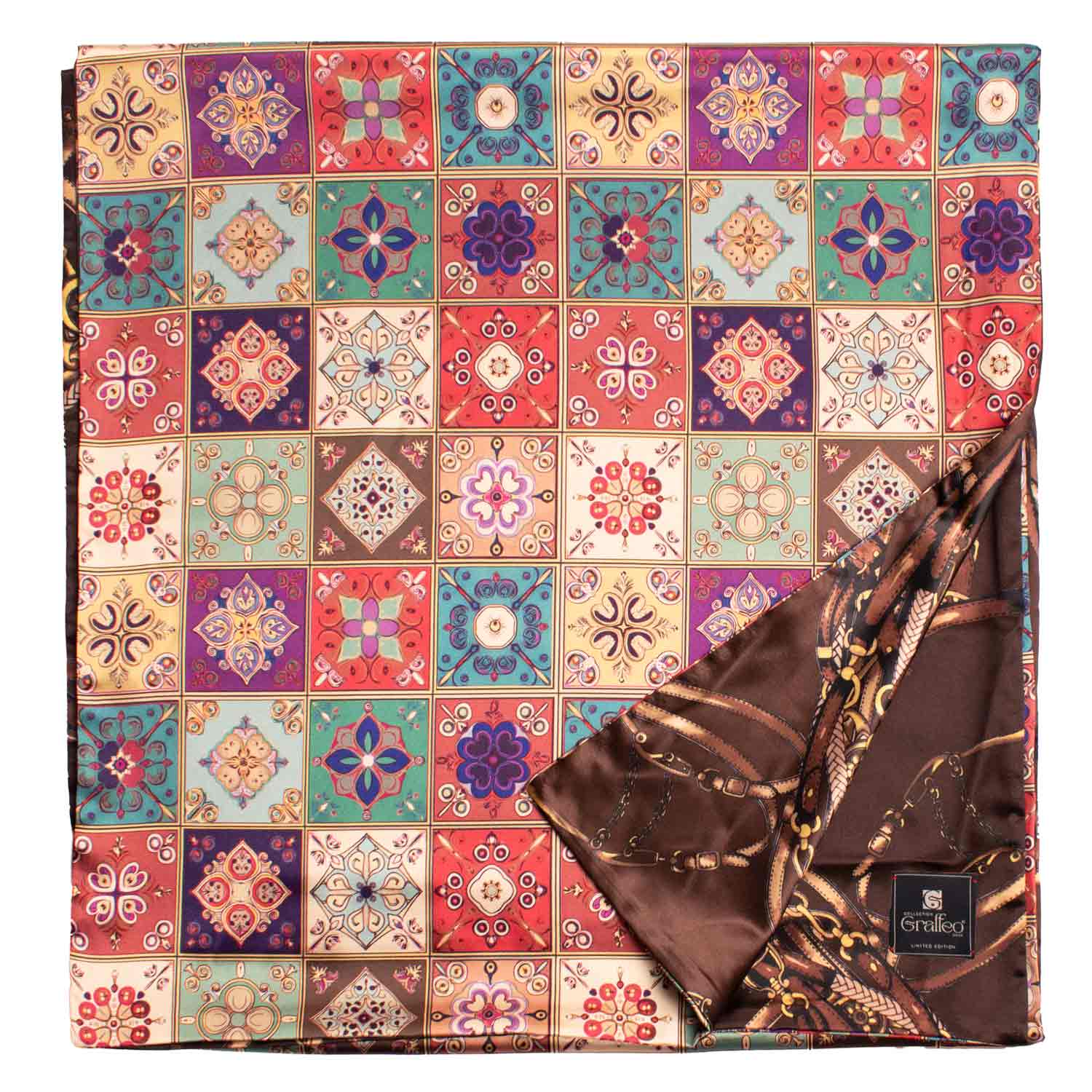 Sciarpa Siciliana Stampa di Raso con Maioliche Multicolor S11 Made in Italy Graffeo Cravatte Retro