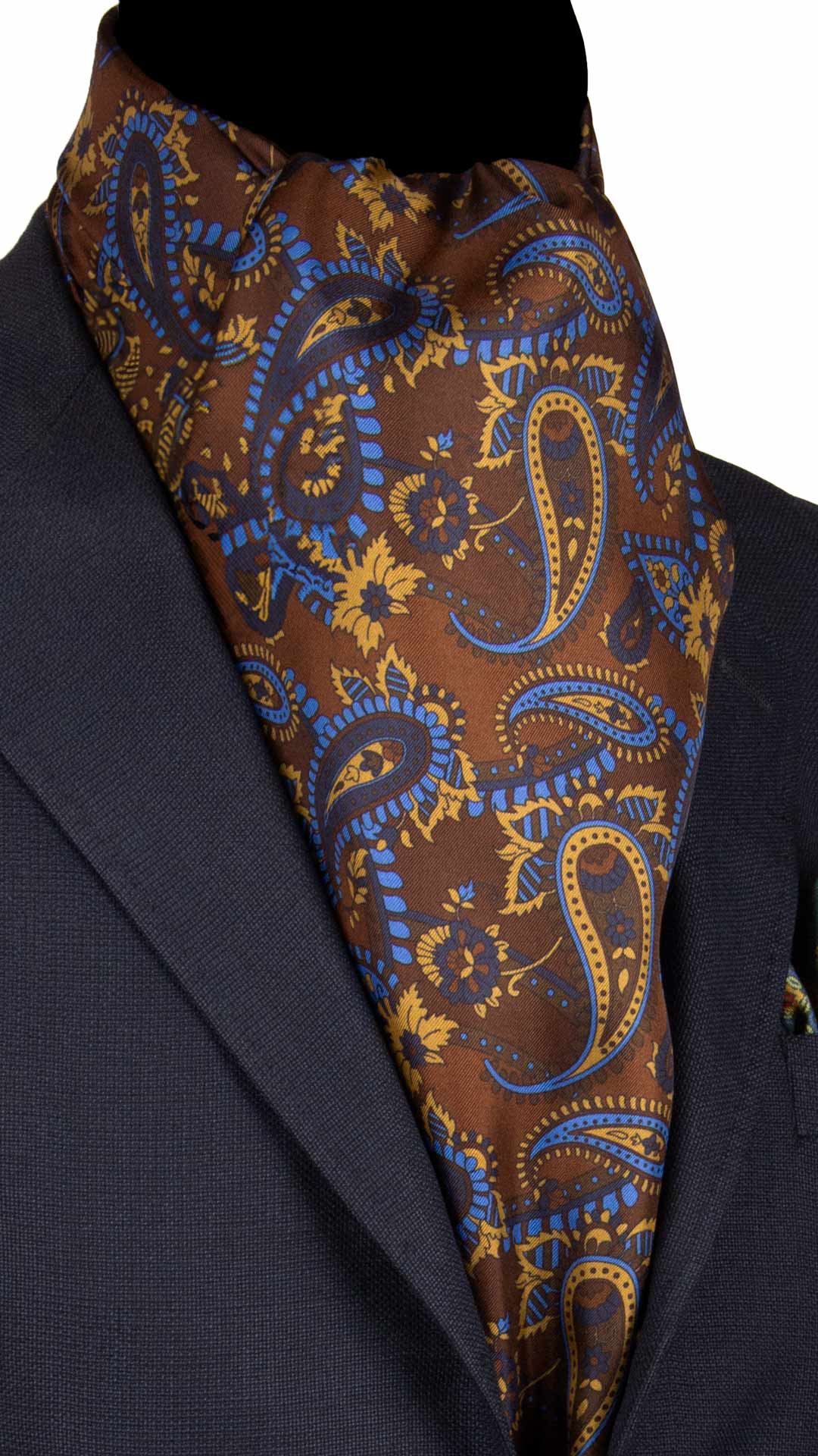 Sciarpa-ad-una-Foglia-di-Seta-Marrone-Paisley-Celeste-Blu-Beige-SF32
