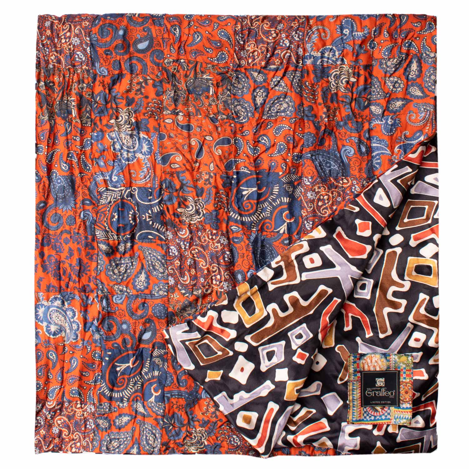 Sciarpa di Seta Arancione Micro Mosaico Vintage Patchwork Paisley Bluette Bianco S720 Made in Italy Graffeo Cravatte Dettaglio