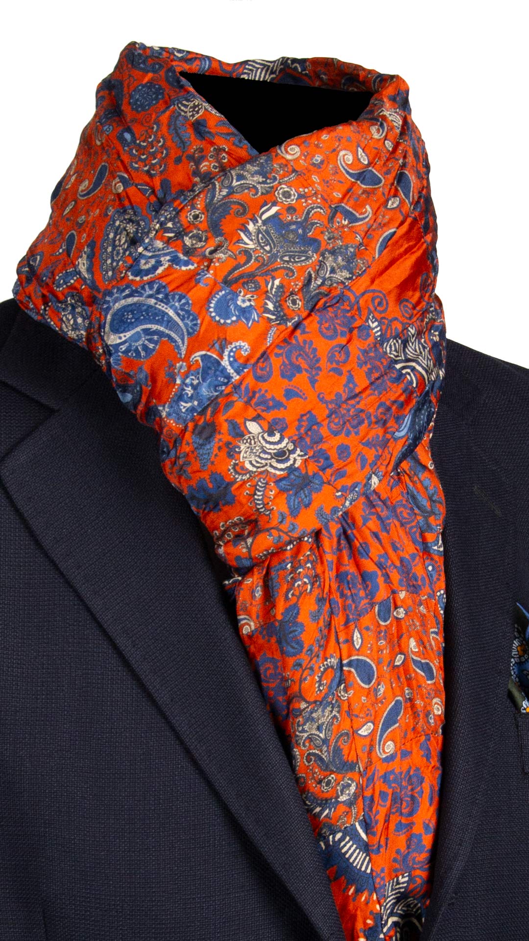 Sciarpa di Seta Arancione Micro Mosaico Vintage Patchwork Paisley Bluette Bianco S720 Made in Italy Graffeo Cravatte