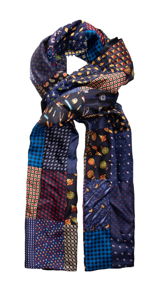 Sciarpa di Seta Blu Vintage Patchwork Fantasia Multicolor Made in italy Graffeo Cravatte Intera