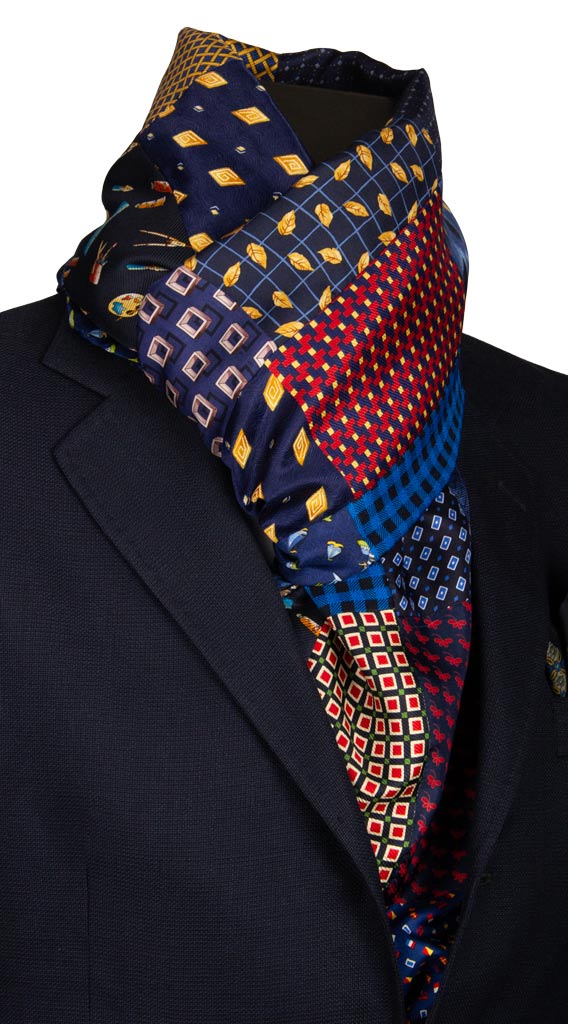 Sciarpa di Seta Blu Vintage Patchwork Fantasia Multicolor Made in italy Graffeo Cravatte