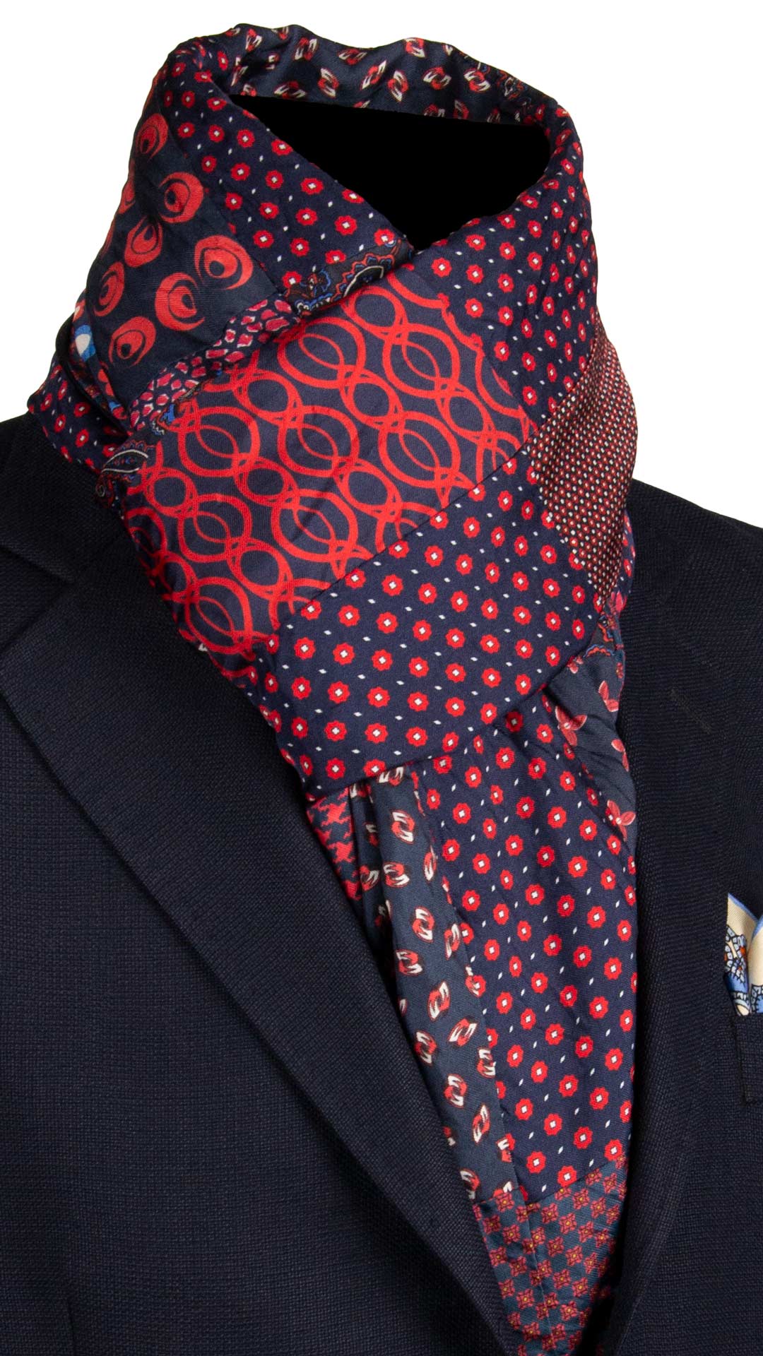 Sciarpa-di-Seta-Blu-Vintage-Patchwork-Fantasia-Rossa-Celeste-Bianca- S684