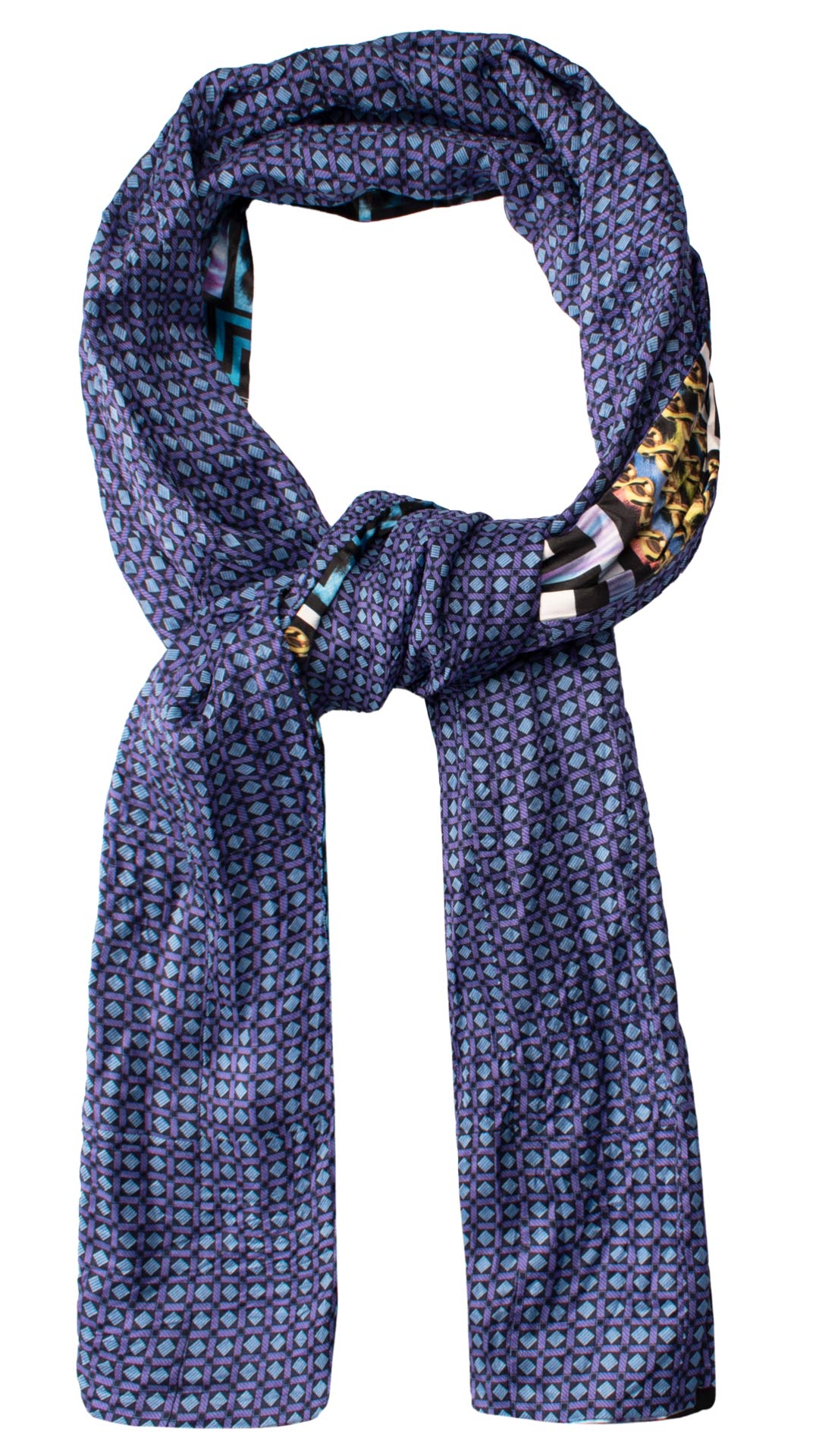 Sciarpa di Seta Blu Vintage Patchwork Fantasia Viola Celeste S736 Made in Italy Graffeo Cravatte Anello