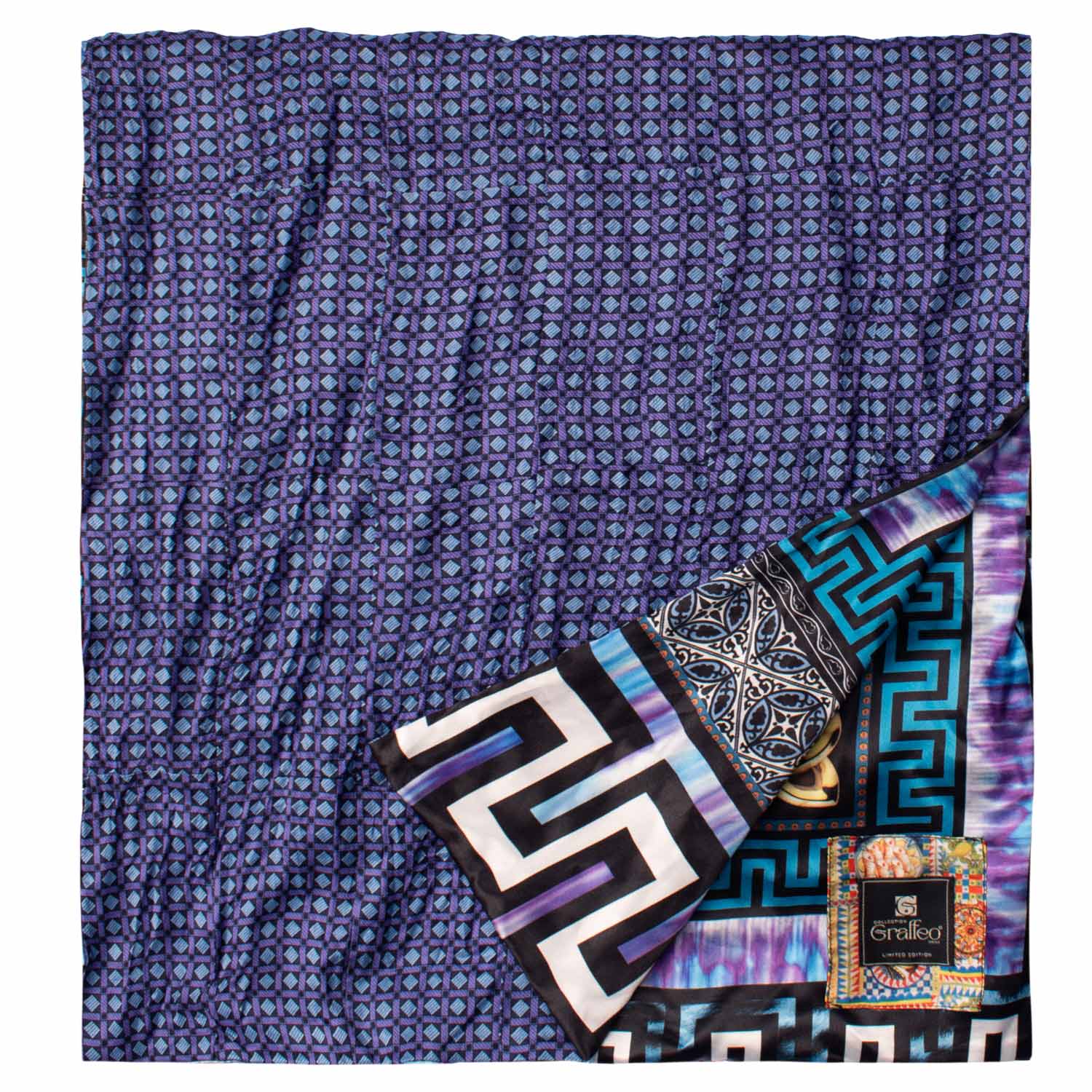 Sciarpa di Seta Blu Vintage Patchwork Fantasia Viola Celeste S736 Made in Italy Graffeo Cravatte Retro