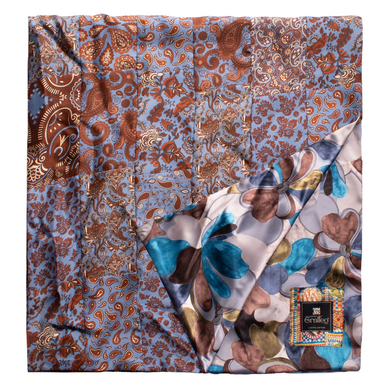 Sciarpa di Seta Celeste Patchwork Paisley Marrone Bianco Made in Italy Graffeo Cravatte Dettaglio
