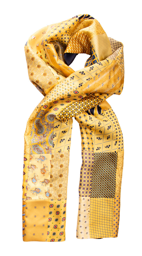 Sciarpa di Seta Gialla Vintage Patchwork Fantasia Multicolor Made in italy Graffeo Cravatte Intera